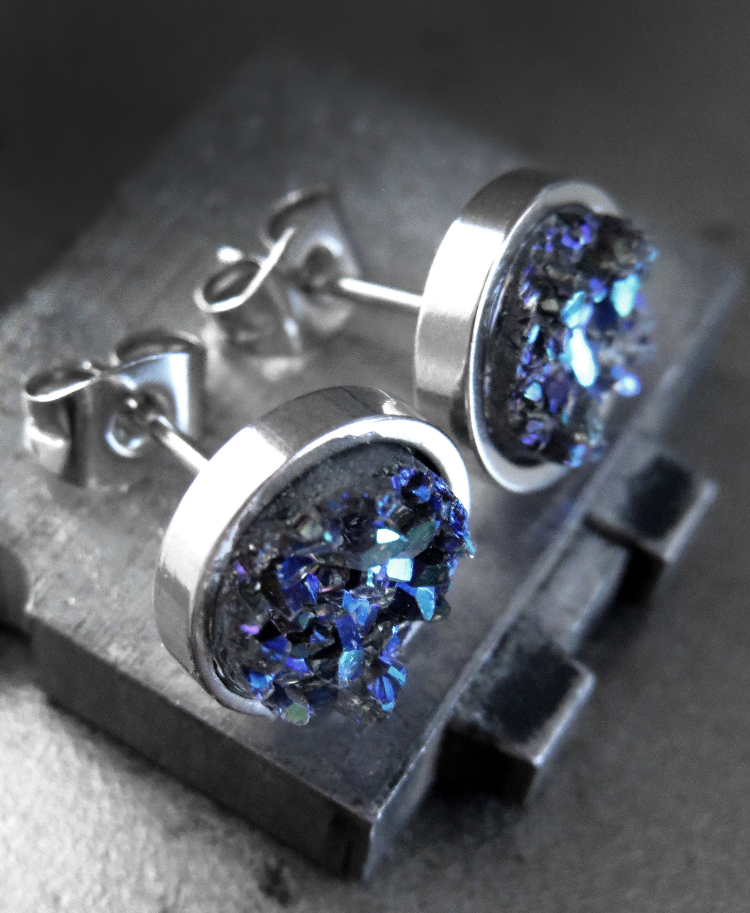 COLD AS ICE - Shimmer Blue Green Iridescent Stud Earrings with Grey Simulated Druzy - Unisex Womens Mens Large Stud Earrings, Modern Jewelry