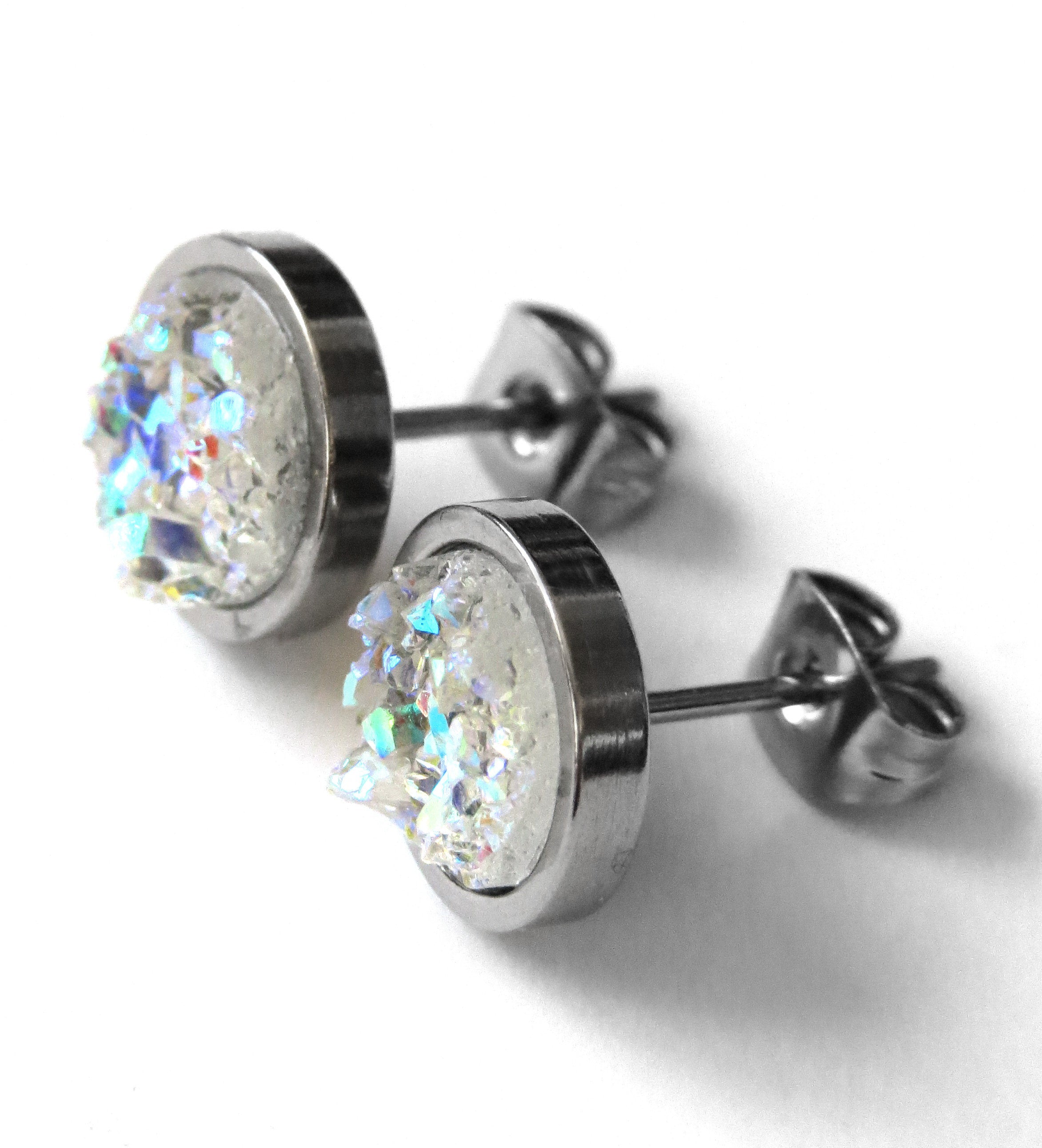 AURORA ICE - Shimmer Iridescent Stud Earrings with Simulated Druzy - Unisex Womens Large Stud Earrings - Modern Jewelry