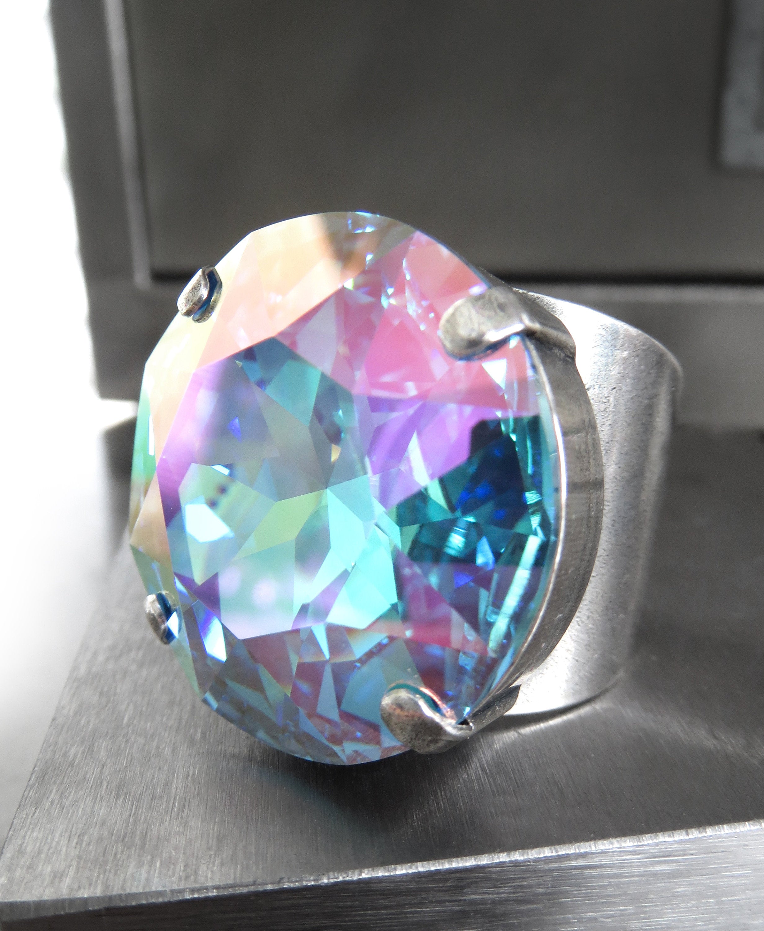 ENCORE: Huge Round Aqua Swarovski Crystal Cocktail Ring, Shimmer Sparkle Iridescent Pastel Large Crystal Adjustable Ring, Drag Queen Jewelry