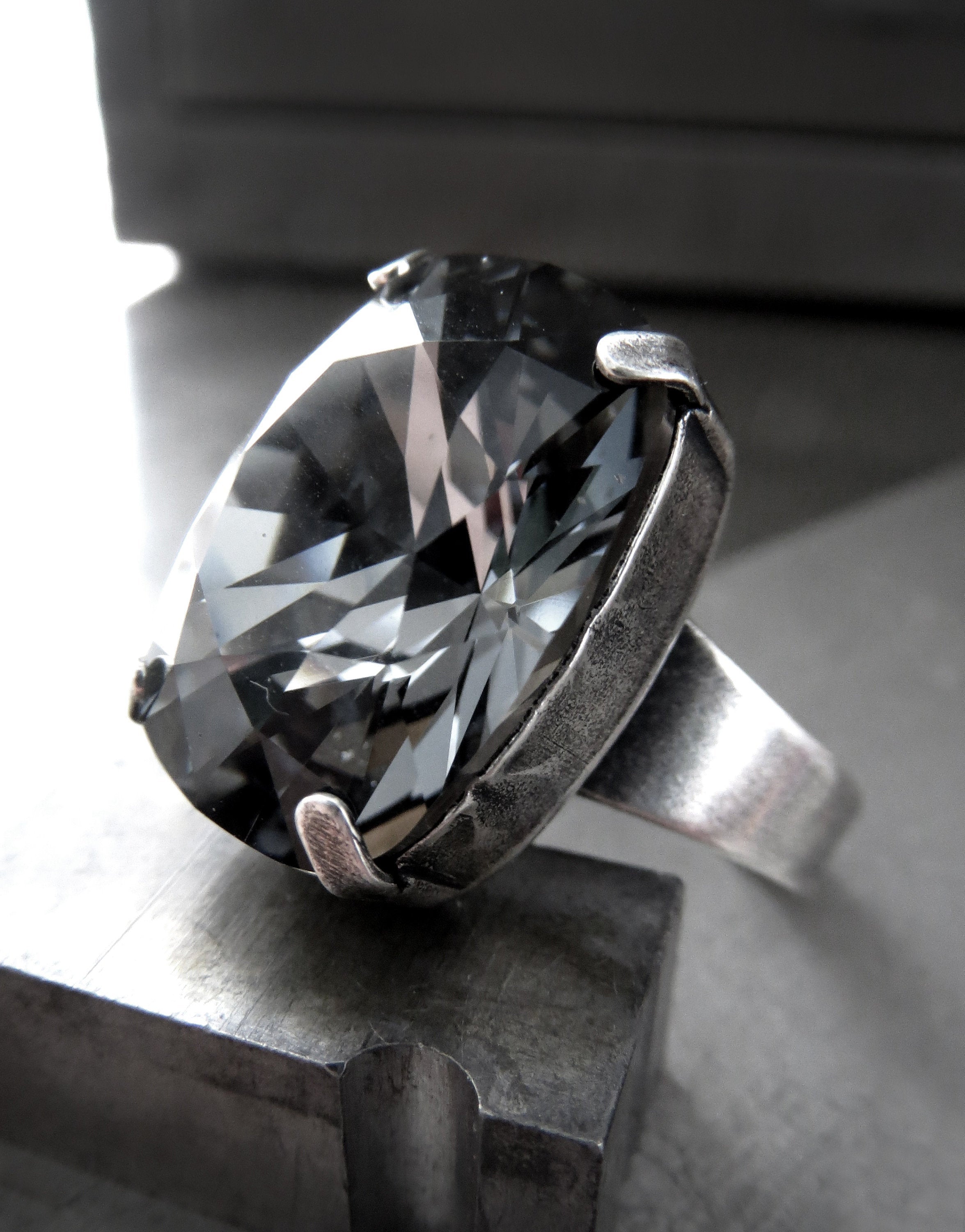 ELEGANCE - Crystal Cocktail Ring in Midnight Black - Rectangular Swarovski Crystal, Antiqued Silver Adjustable Ring Band