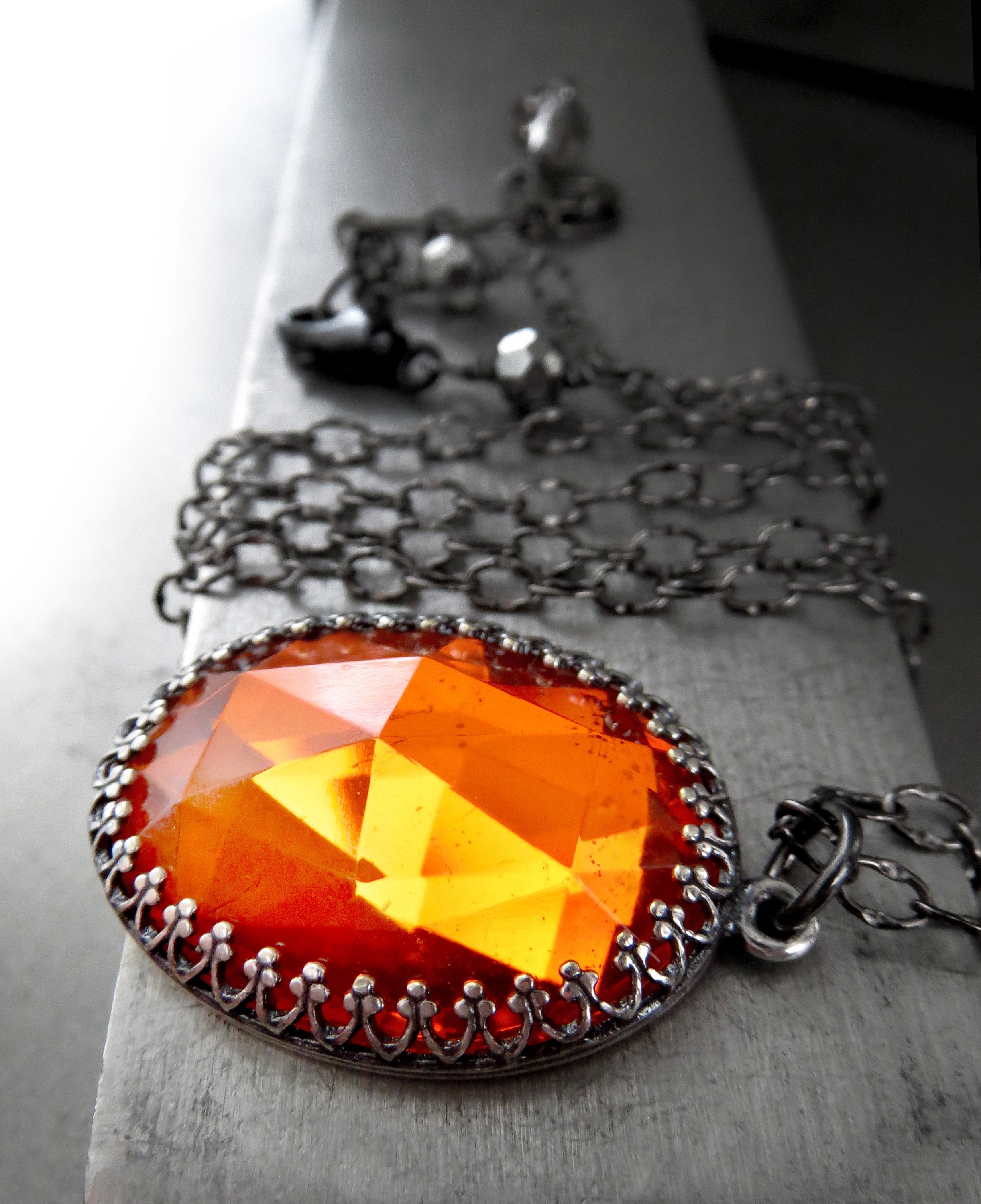 GOTHIC HALLOWEEN - Oval Pendant Necklace with Vintage Pumpkin Orange Glass Cabochon on Black Chain - Goth Wedding, Halloween Wedding Jewelry