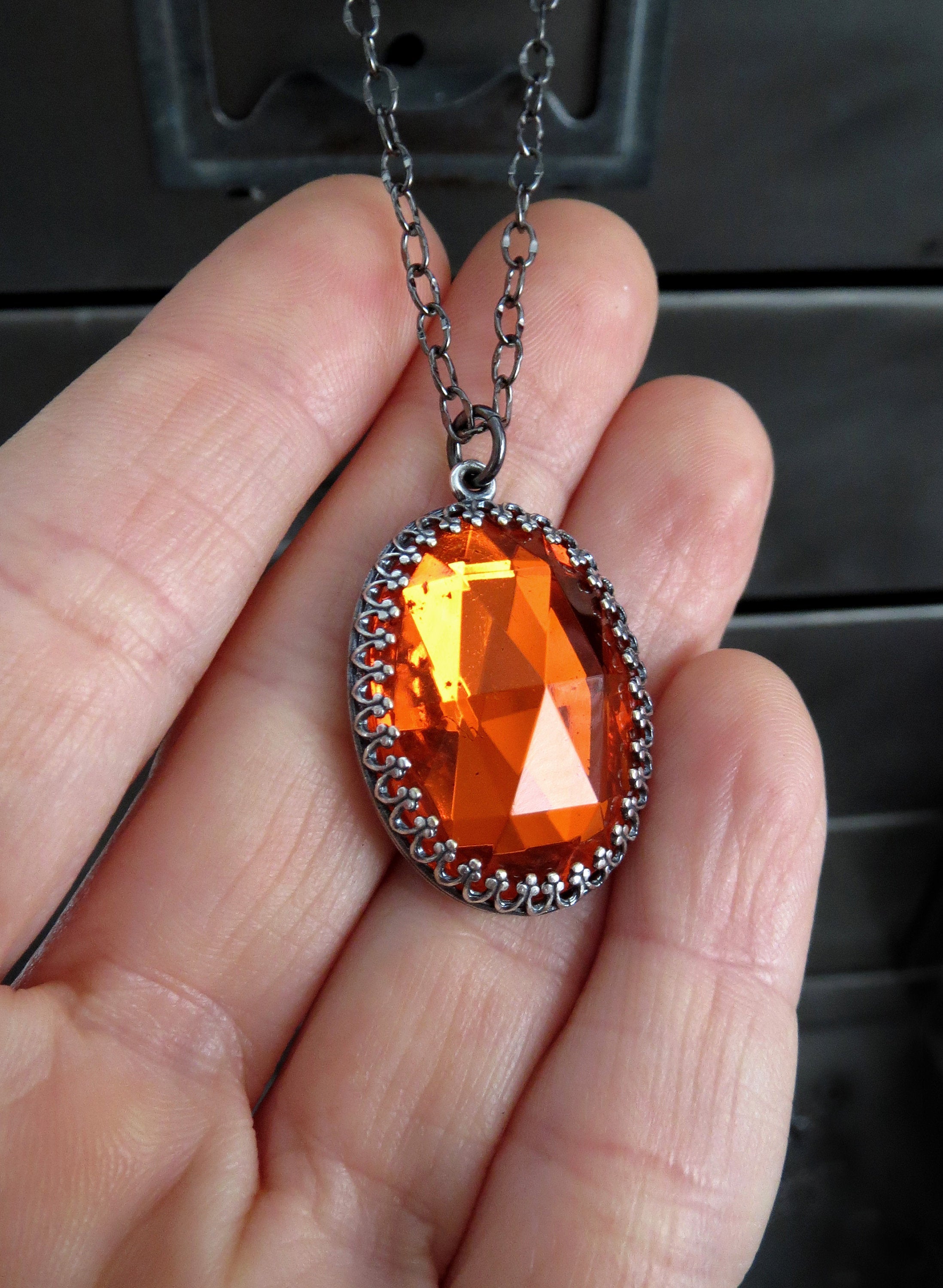 GOTHIC HALLOWEEN - Oval Pendant Necklace with Vintage Pumpkin Orange Glass Cabochon on Black Chain - Goth Wedding, Halloween Wedding Jewelry