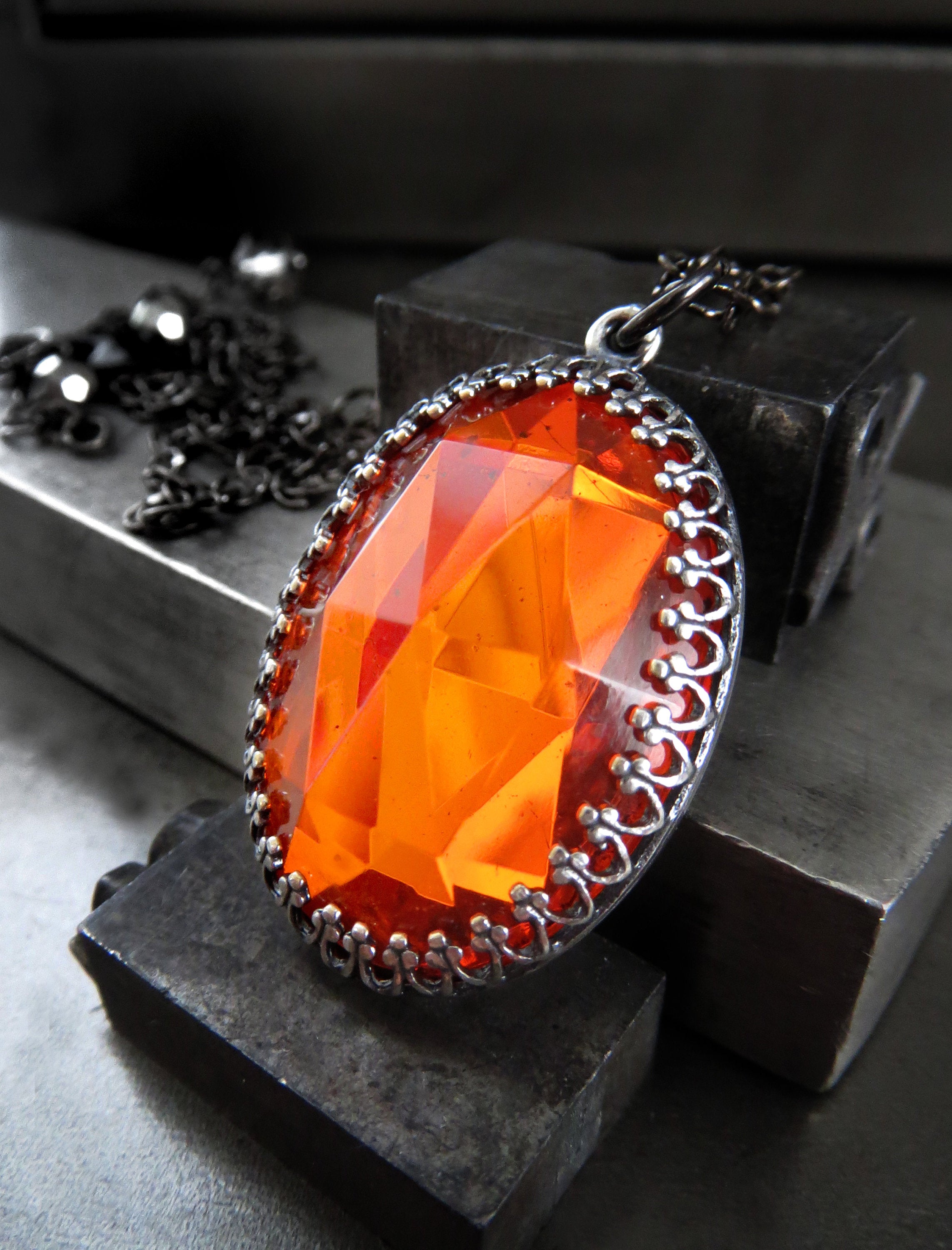 GOTHIC HALLOWEEN - Oval Pendant Necklace with Vintage Pumpkin Orange Glass Cabochon on Black Chain - Goth Wedding, Halloween Wedding Jewelry