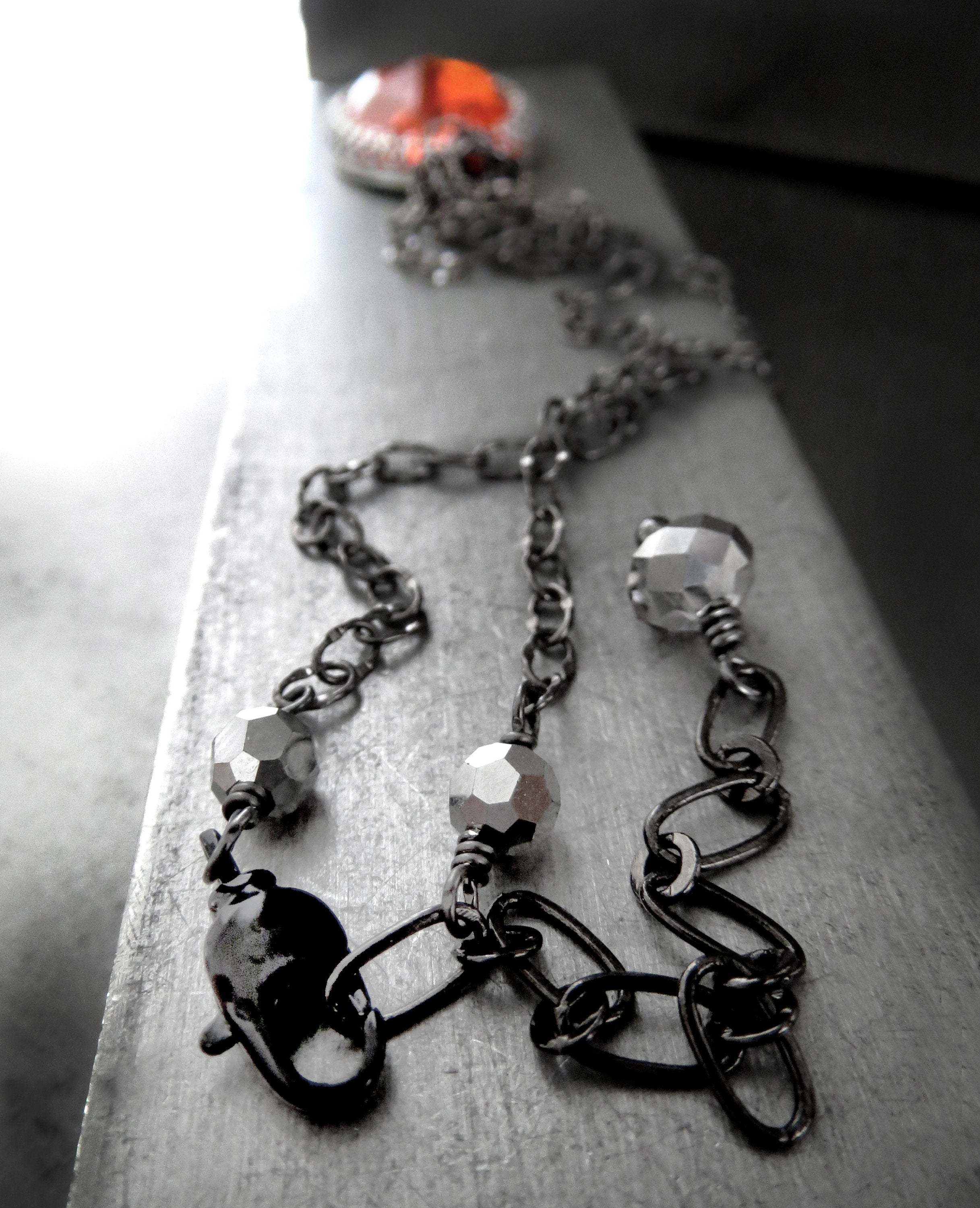 GOTHIC HALLOWEEN - Oval Pendant Necklace with Vintage Pumpkin Orange Glass Cabochon on Black Chain - Goth Wedding, Halloween Wedding Jewelry