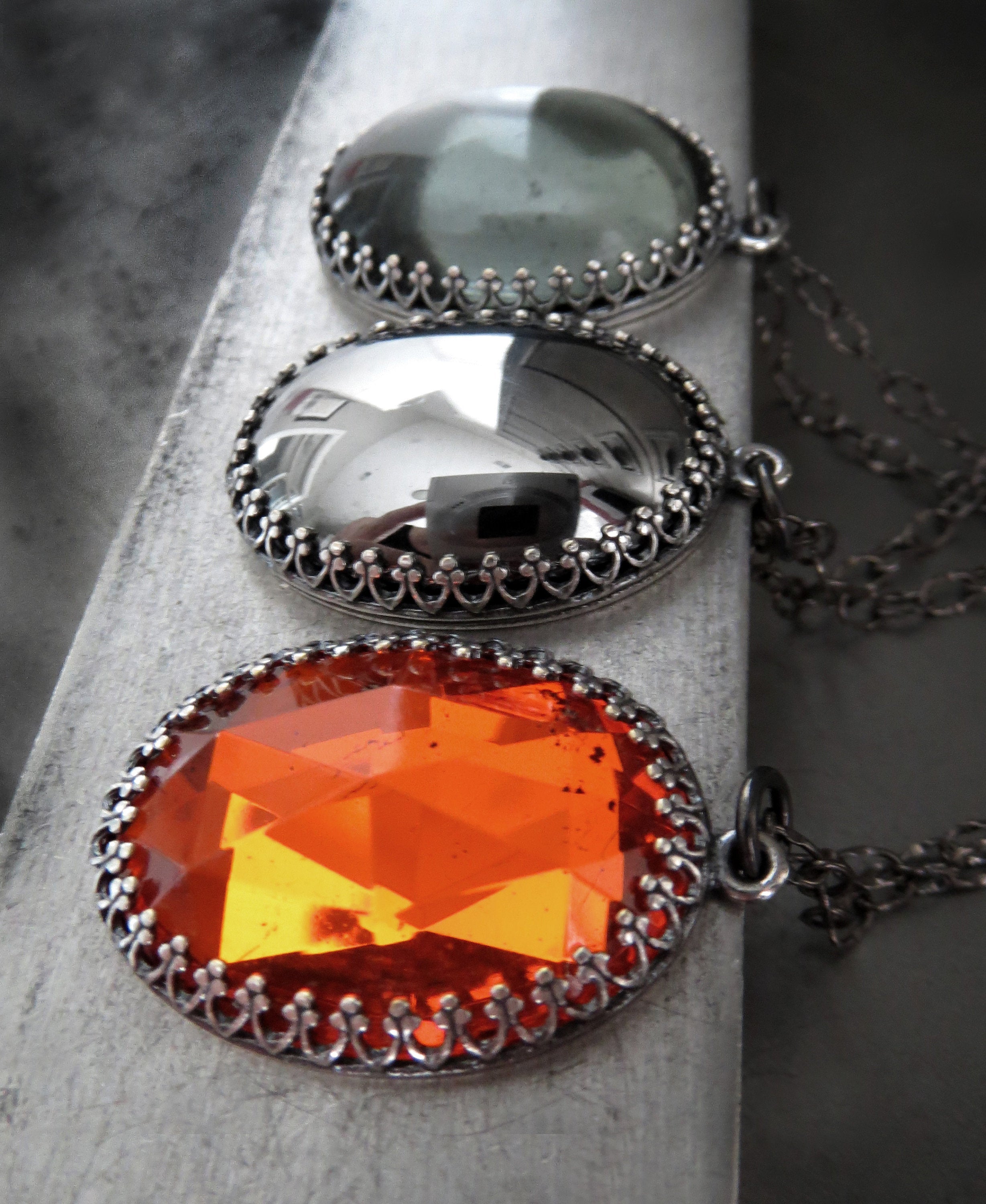 GOTHIC HALLOWEEN - Oval Pendant Necklace with Vintage Pumpkin Orange Glass Cabochon on Black Chain - Goth Wedding, Halloween Wedding Jewelry