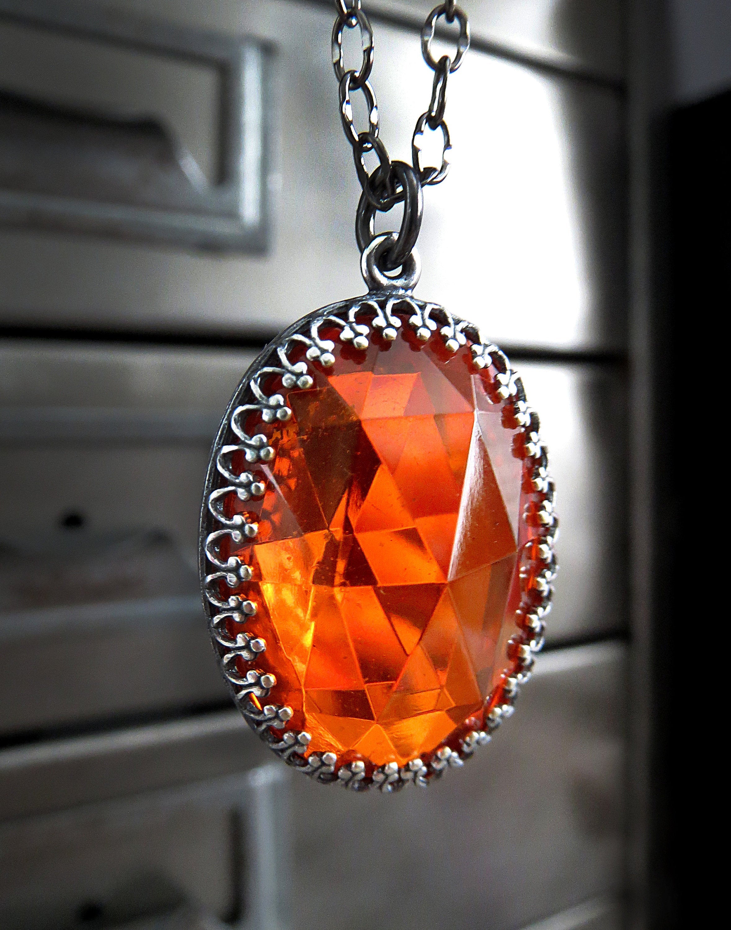 GOTHIC HALLOWEEN - Oval Pendant Necklace with Vintage Pumpkin Orange Glass Cabochon on Black Chain - Goth Wedding, Halloween Wedding Jewelry