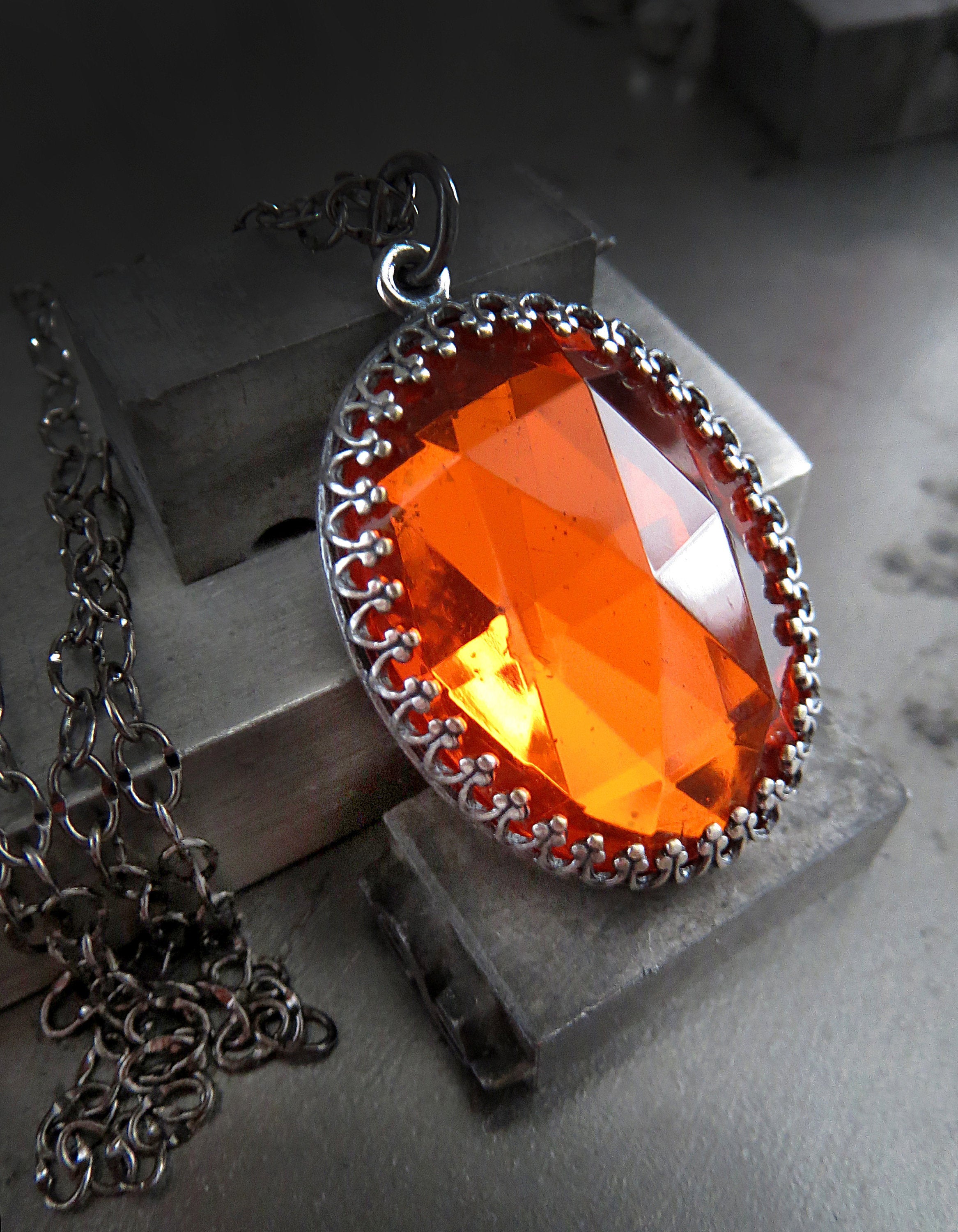 GOTHIC HALLOWEEN - Oval Pendant Necklace with Vintage Pumpkin Orange Glass Cabochon on Black Chain - Goth Wedding, Halloween Wedding Jewelry
