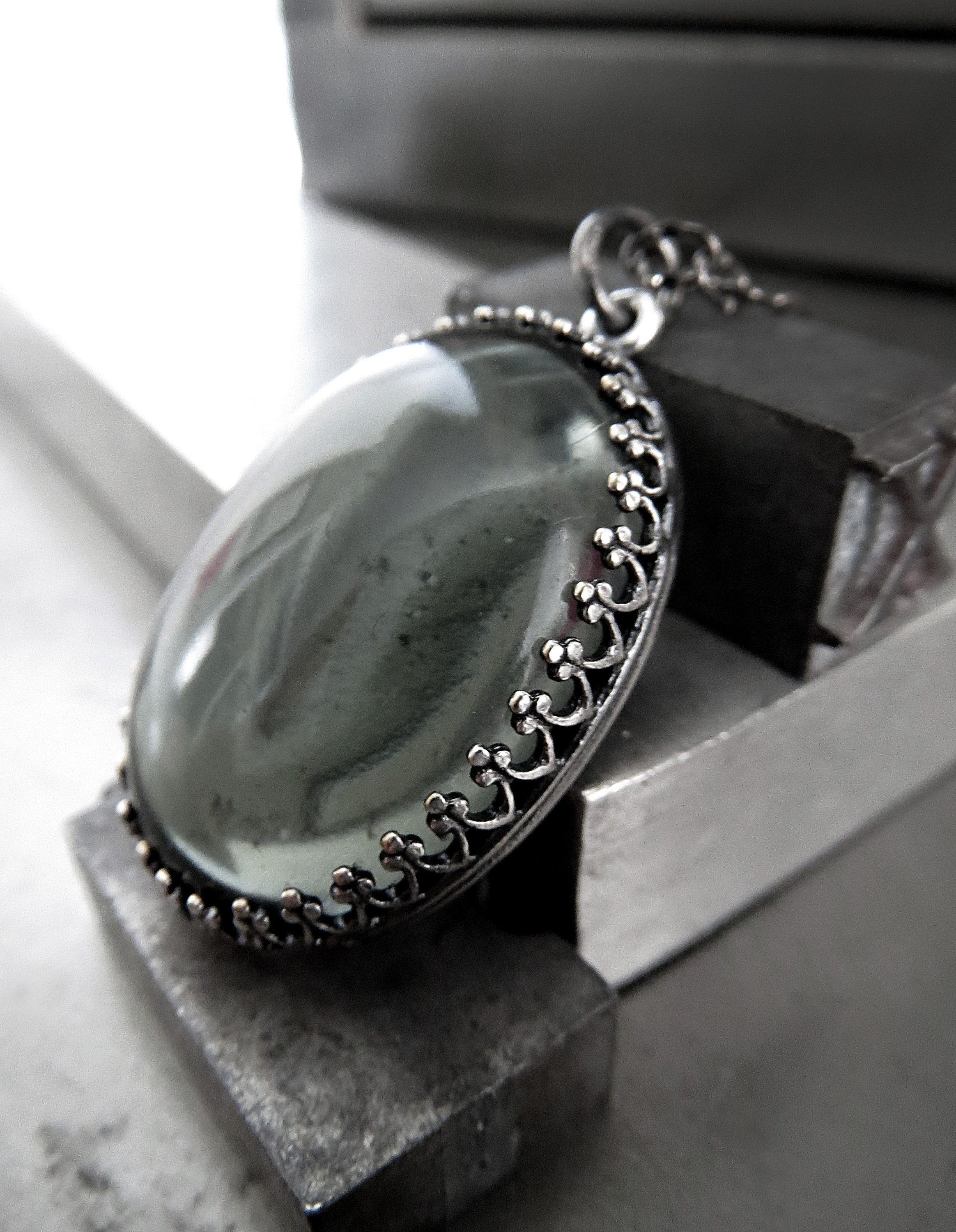 MOOD - Gray Gothic Necklace with Oval Pendant - Domed Soft Grey Glass Cabochon on Black Chain - Goth Wedding Jewelry