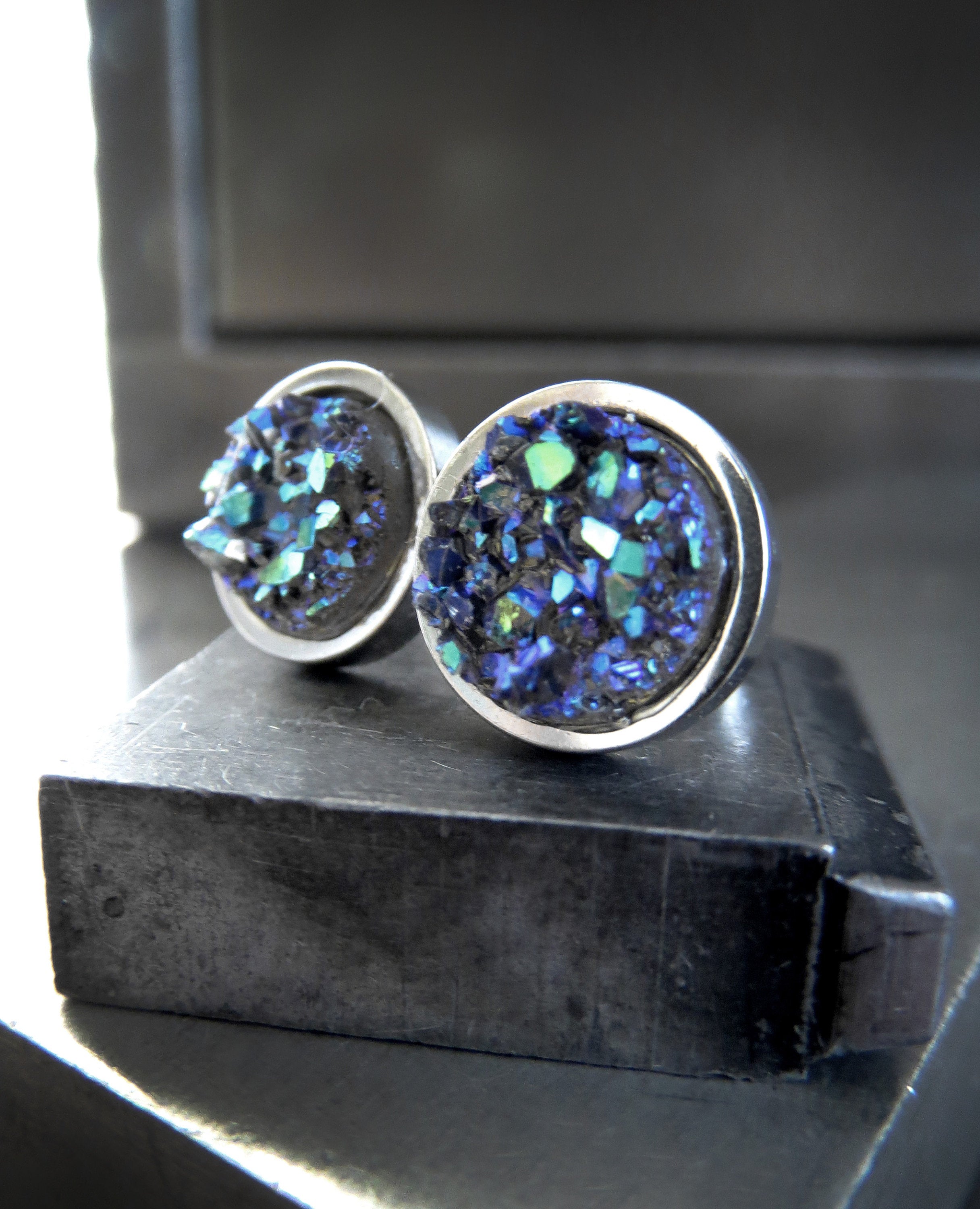 COLD AS ICE - Shimmer Blue Green Iridescent Stud Earrings with Grey Simulated Druzy - Unisex Womens Mens Large Stud Earrings, Modern Jewelry