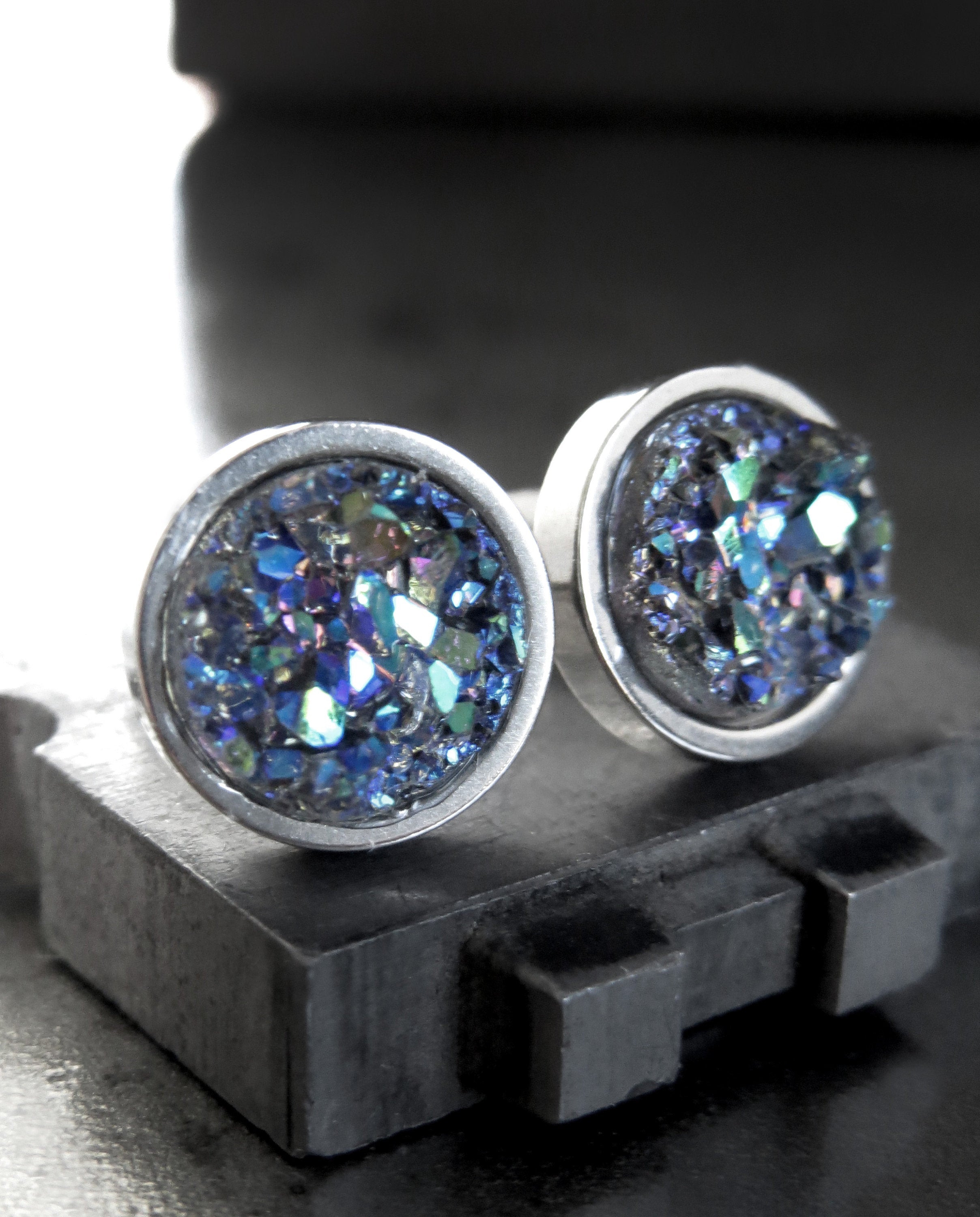 COLD AS ICE - Shimmer Blue Green Iridescent Stud Earrings with Grey Simulated Druzy - Unisex Womens Mens Large Stud Earrings, Modern Jewelry