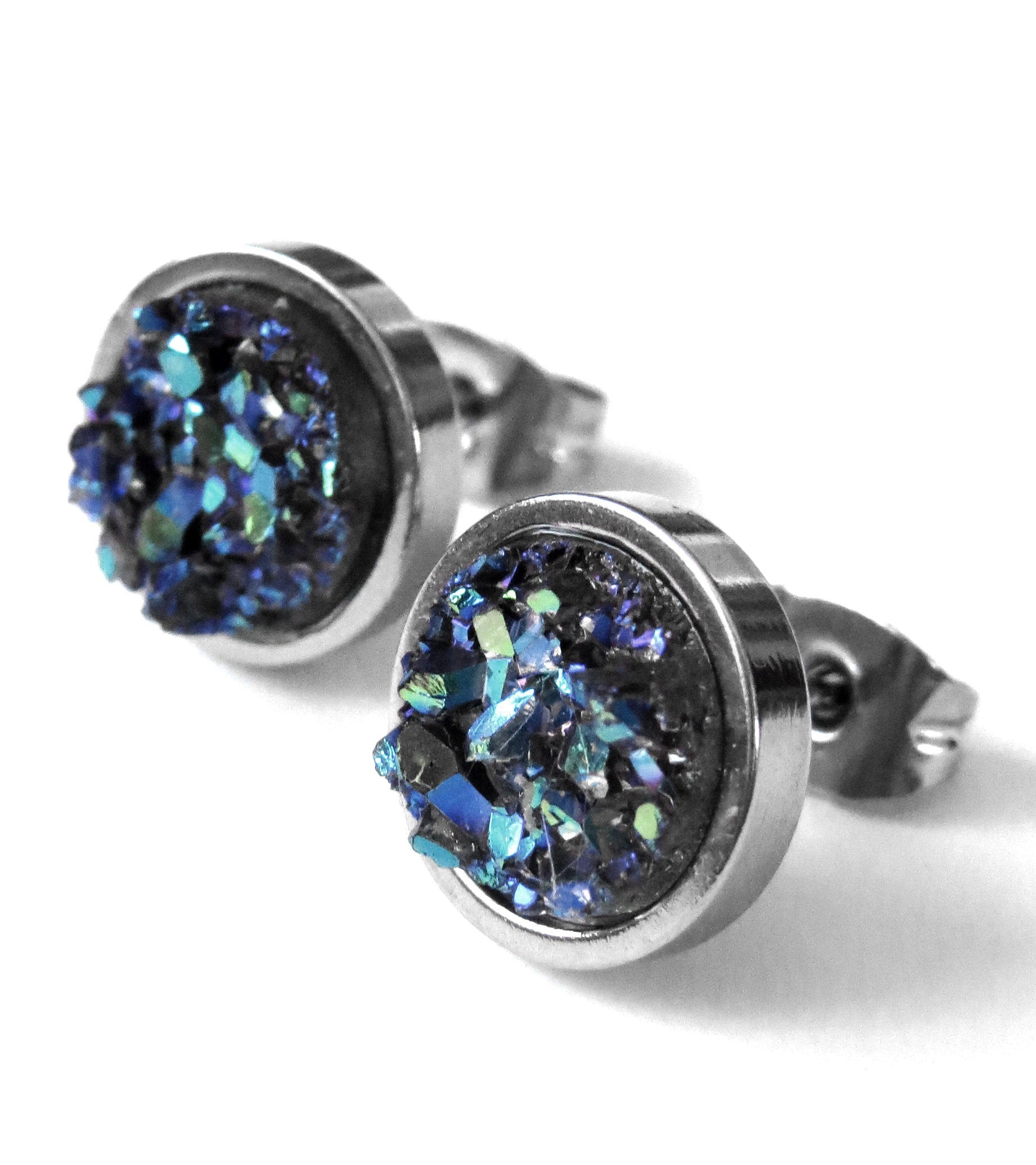 COLD AS ICE - Shimmer Blue Green Iridescent Stud Earrings with Grey Simulated Druzy - Unisex Womens Mens Large Stud Earrings, Modern Jewelry
