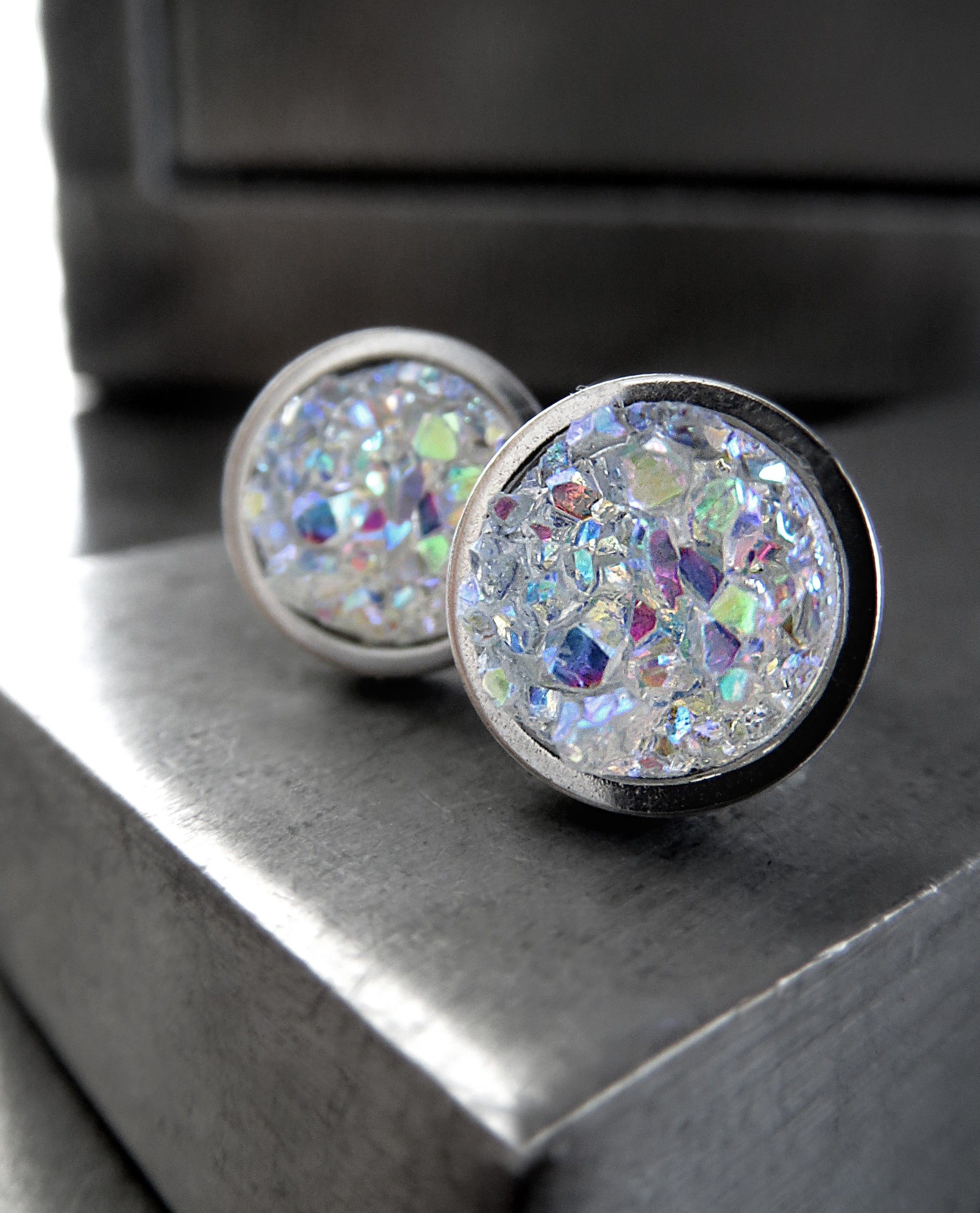 AURORA ICE - Shimmer Iridescent Stud Earrings with Simulated Druzy - Unisex Womens Large Stud Earrings - Modern Jewelry
