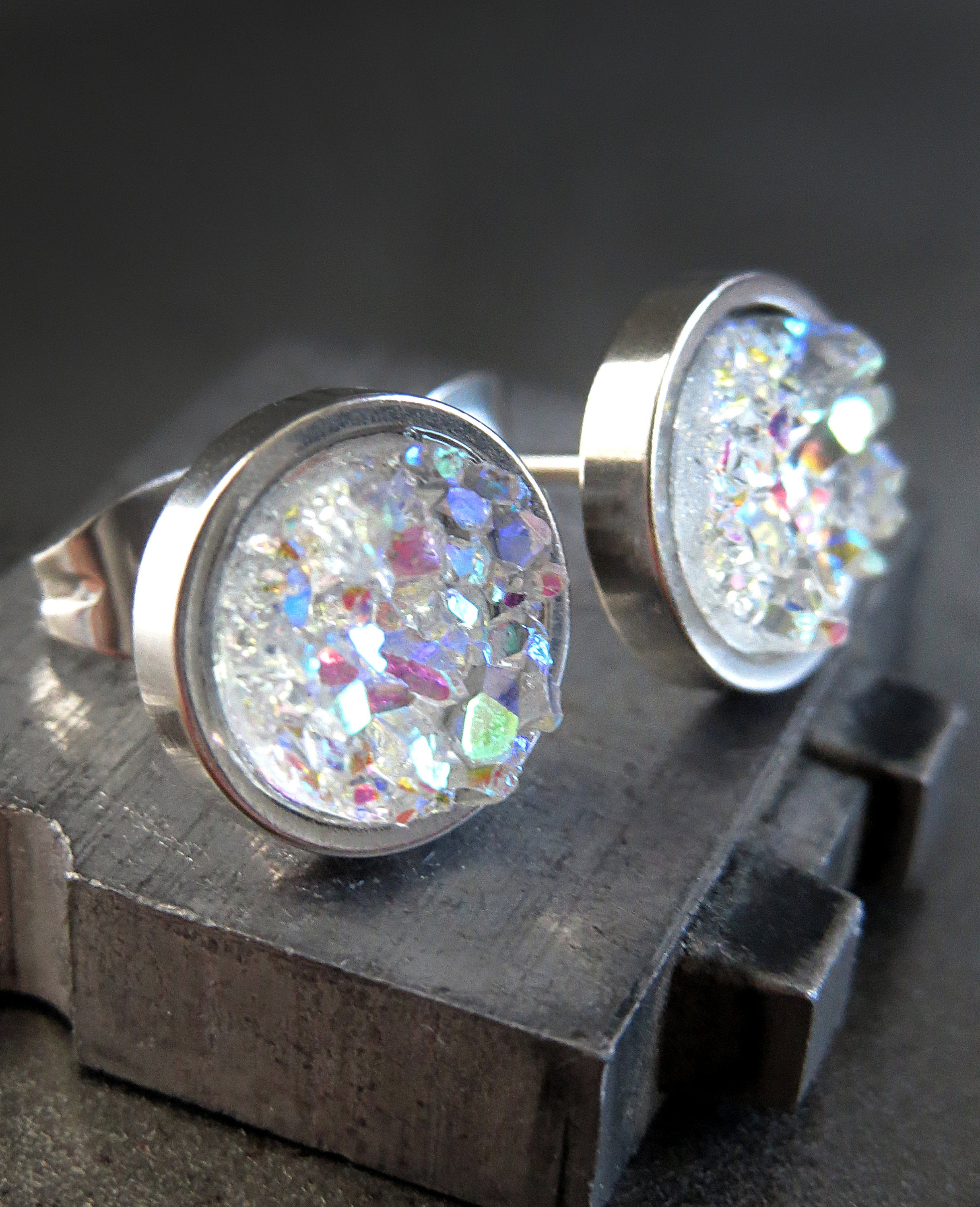 AURORA ICE Shimmer Iridescent Stud Earrings with Simulated Druzy