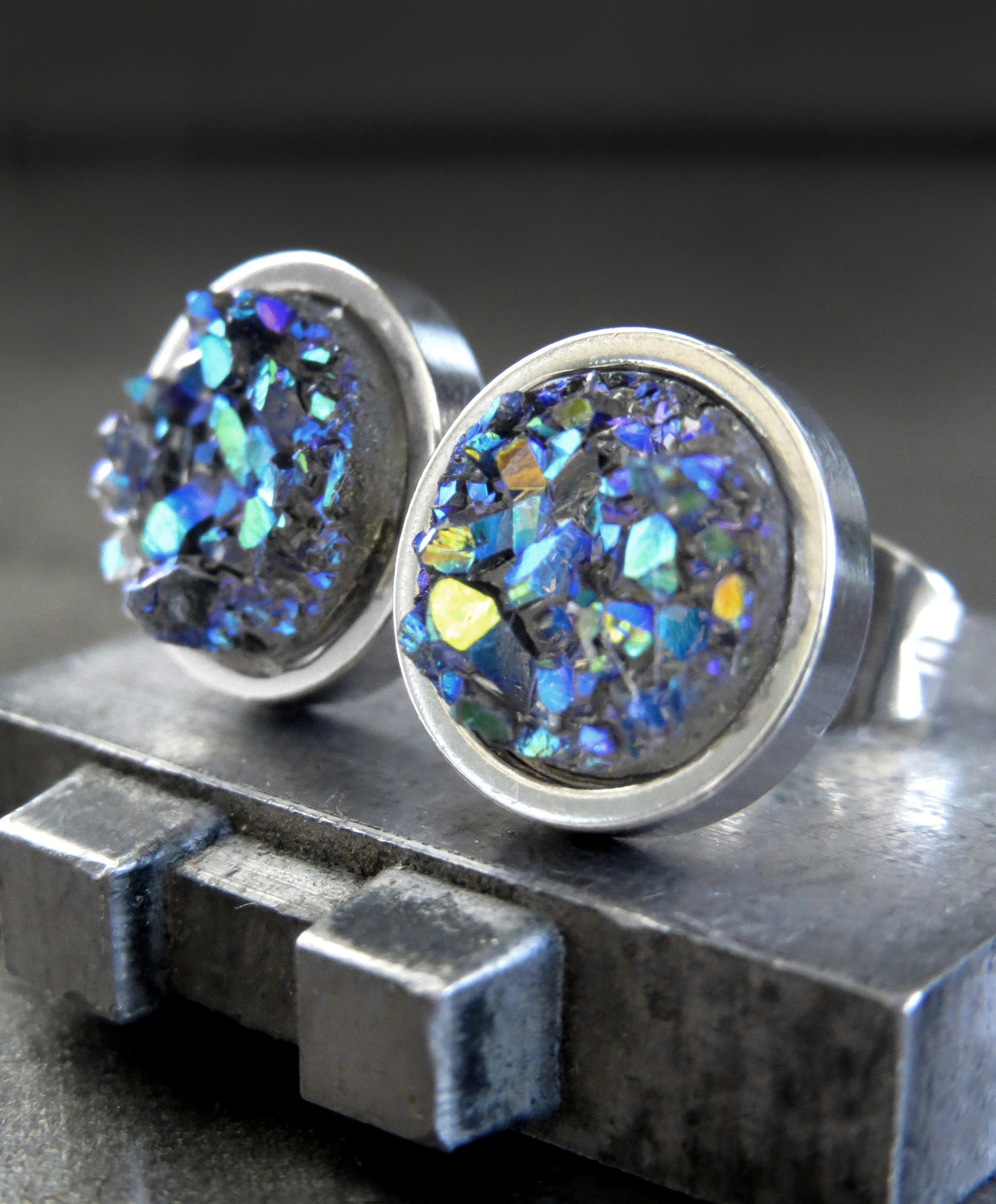 COLD AS ICE - Shimmer Blue Green Iridescent Stud Earrings with Grey Simulated Druzy - Unisex Womens Mens Large Stud Earrings, Modern Jewelry