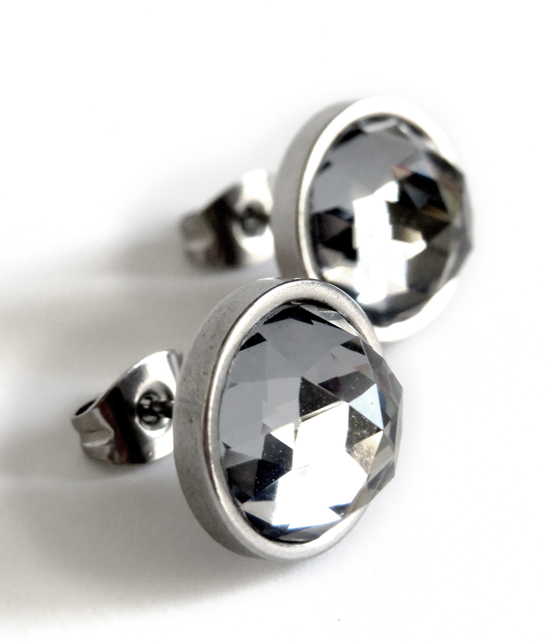 Extra Large Modern Stud Earrings with Round Black Night Faceted Swarovski Crystal, Stainless Steel Bezels, Unisex Women Mens Post Earrings