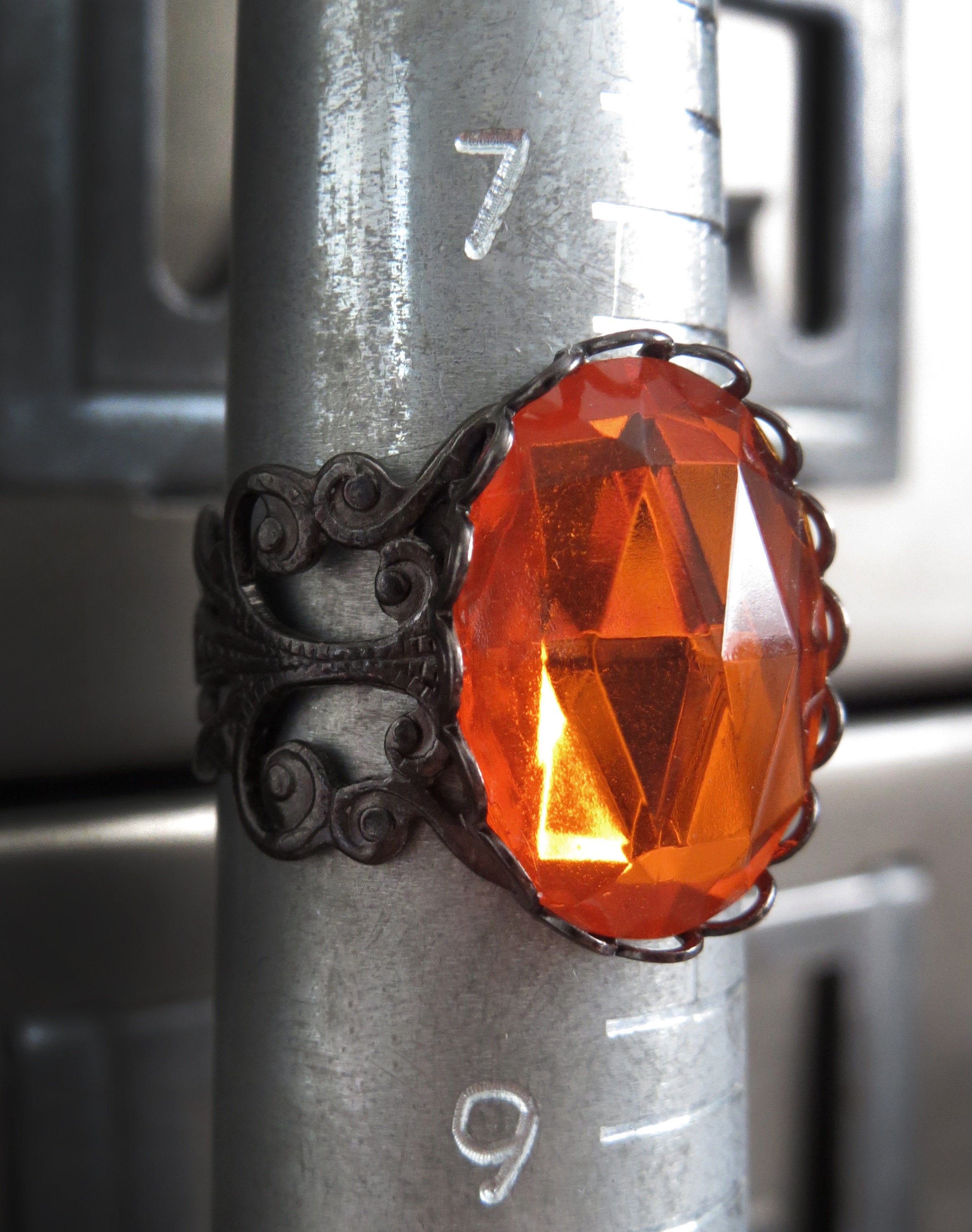 Bright Orange Halloween Pumpkin Ring, Black Gunmetal Filigree Adjustable Ring, Faceted Orange Vintage Glass, Goth Gothic Halloween Jewelry
