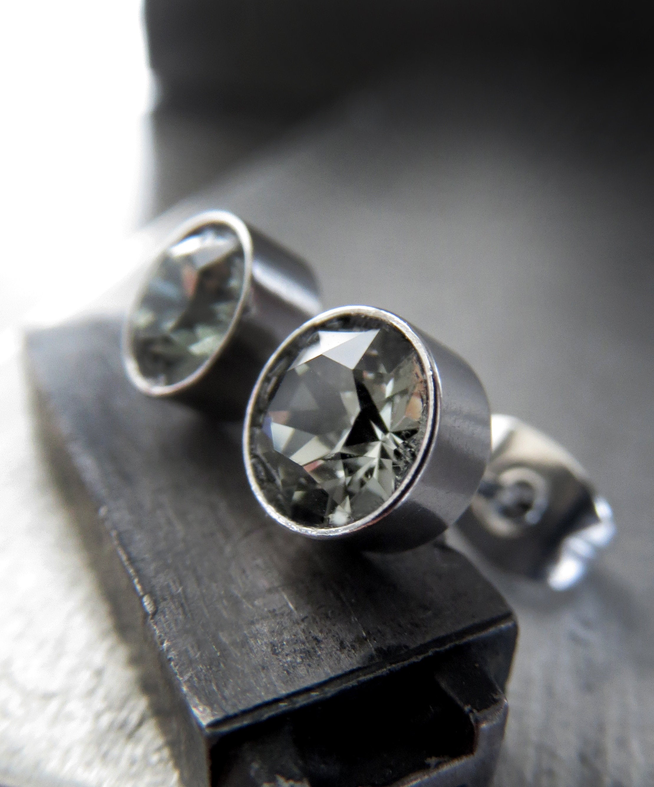 Small Grey Stud Earrings with Black Diamond Swarovski Crystal Rhinestones, Mens Unisex Post Studs, Modern Minimalist Silver Jewelry