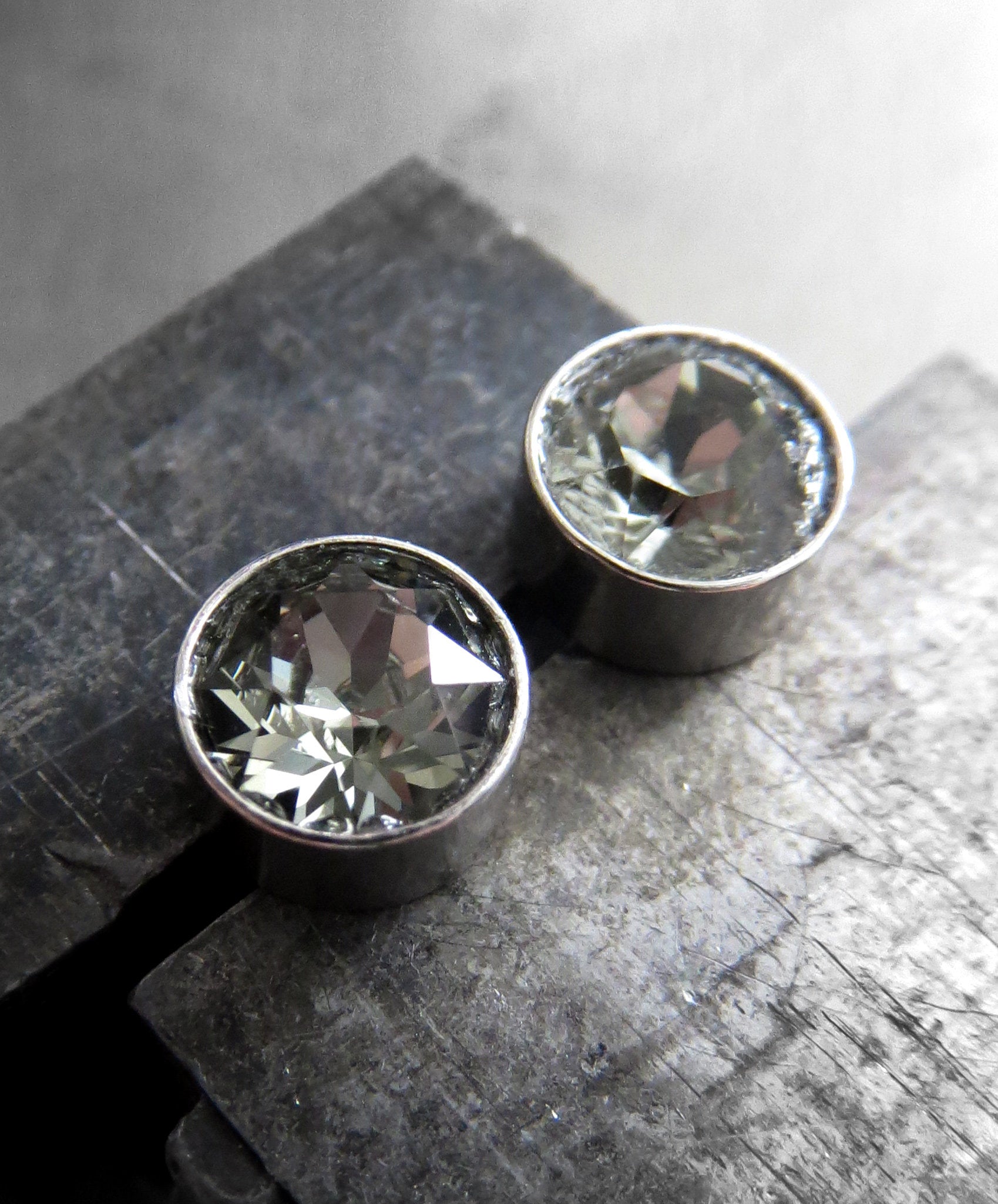 Small Grey Stud Earrings with Black Diamond Swarovski Crystal Rhinestones, Mens Unisex Post Studs, Modern Minimalist Silver Jewelry