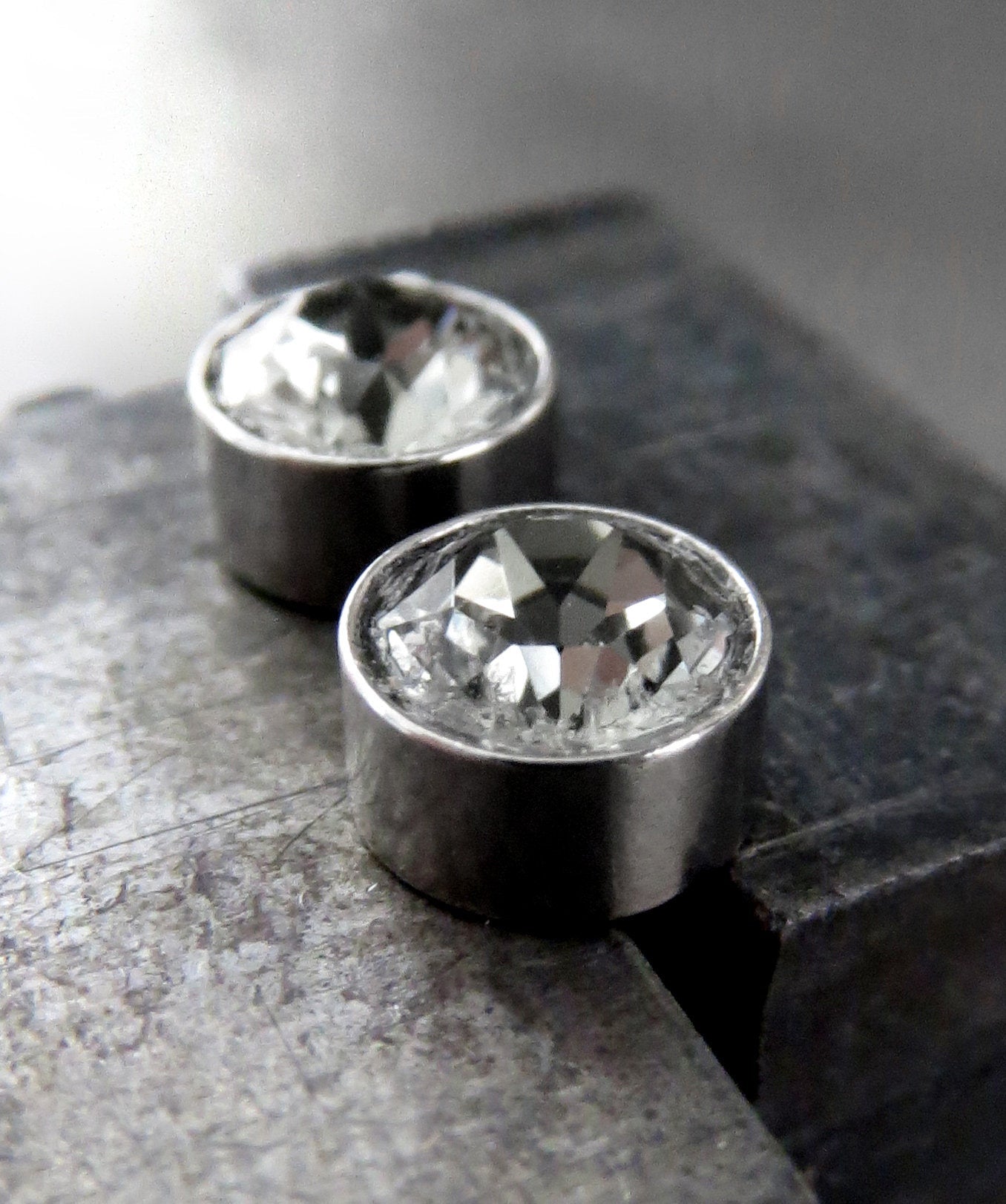 Small Grey Stud Earrings with Black Diamond Swarovski Crystal Rhinestones, Mens Unisex Post Studs, Modern Minimalist Silver Jewelry