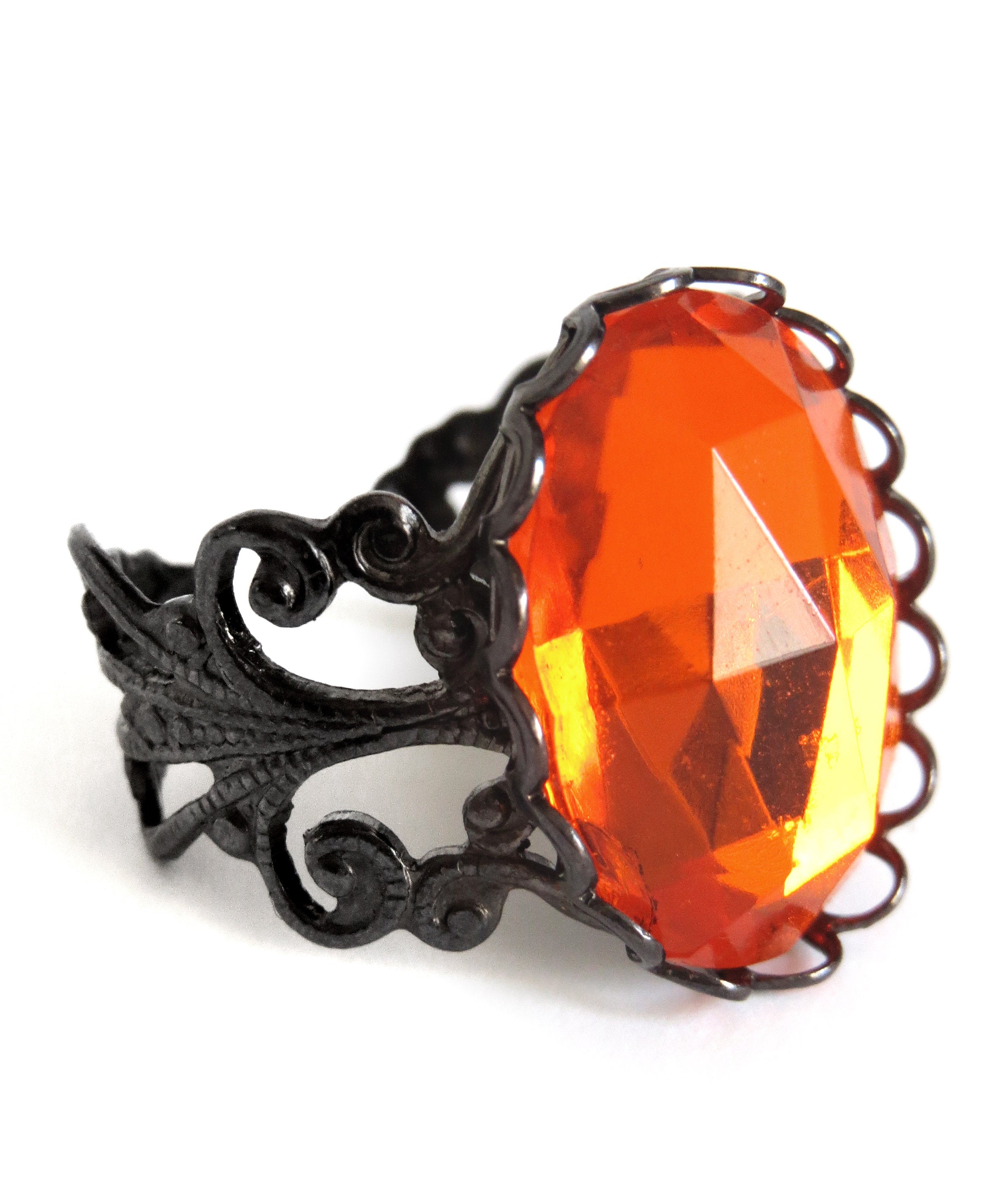 Bright Orange Halloween Pumpkin Ring, Black Gunmetal Filigree Adjustable Ring, Faceted Orange Vintage Glass, Goth Gothic Halloween Jewelry