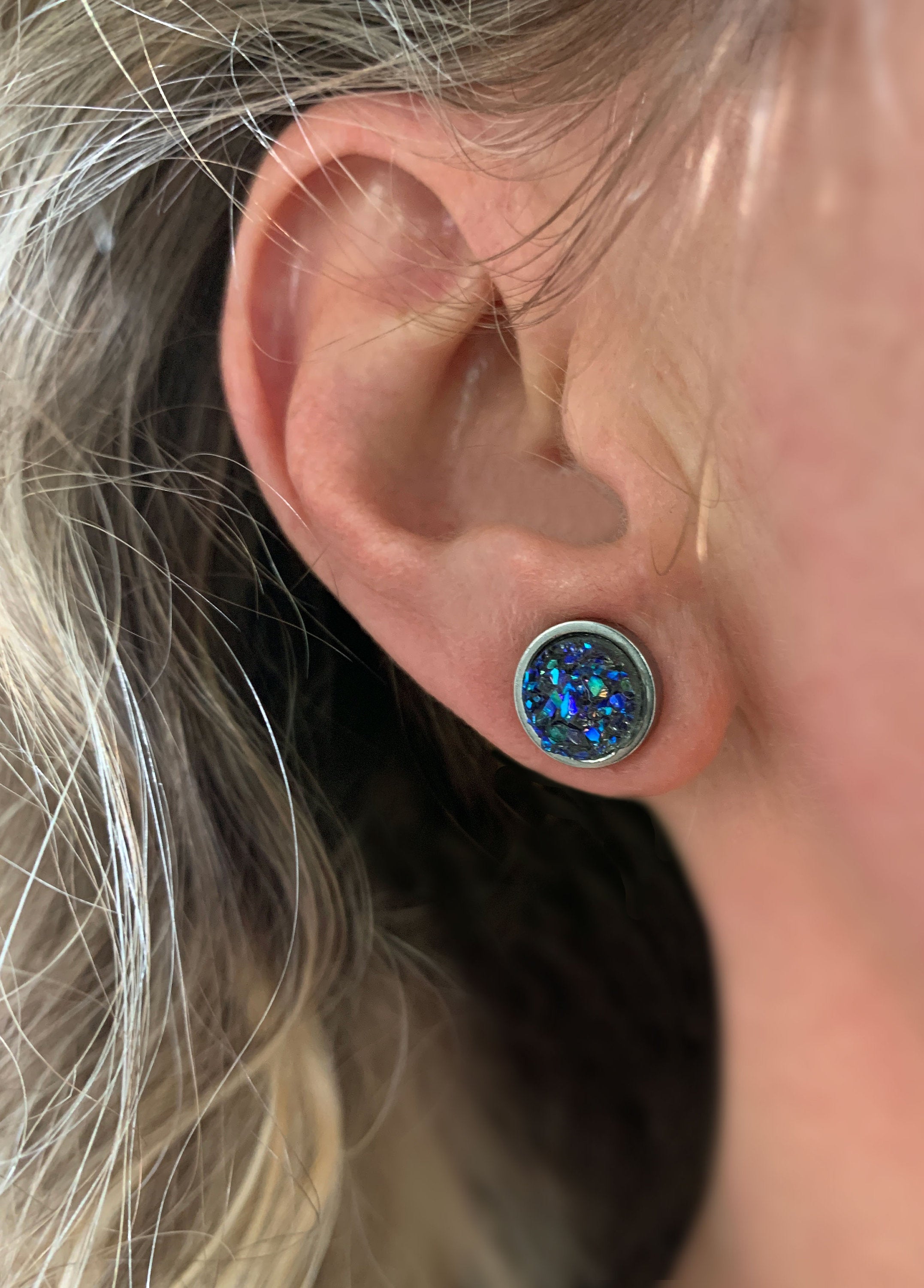 COLD AS ICE - Shimmer Blue Green Iridescent Stud Earrings with Grey Simulated Druzy - Unisex Womens Mens Large Stud Earrings, Modern Jewelry