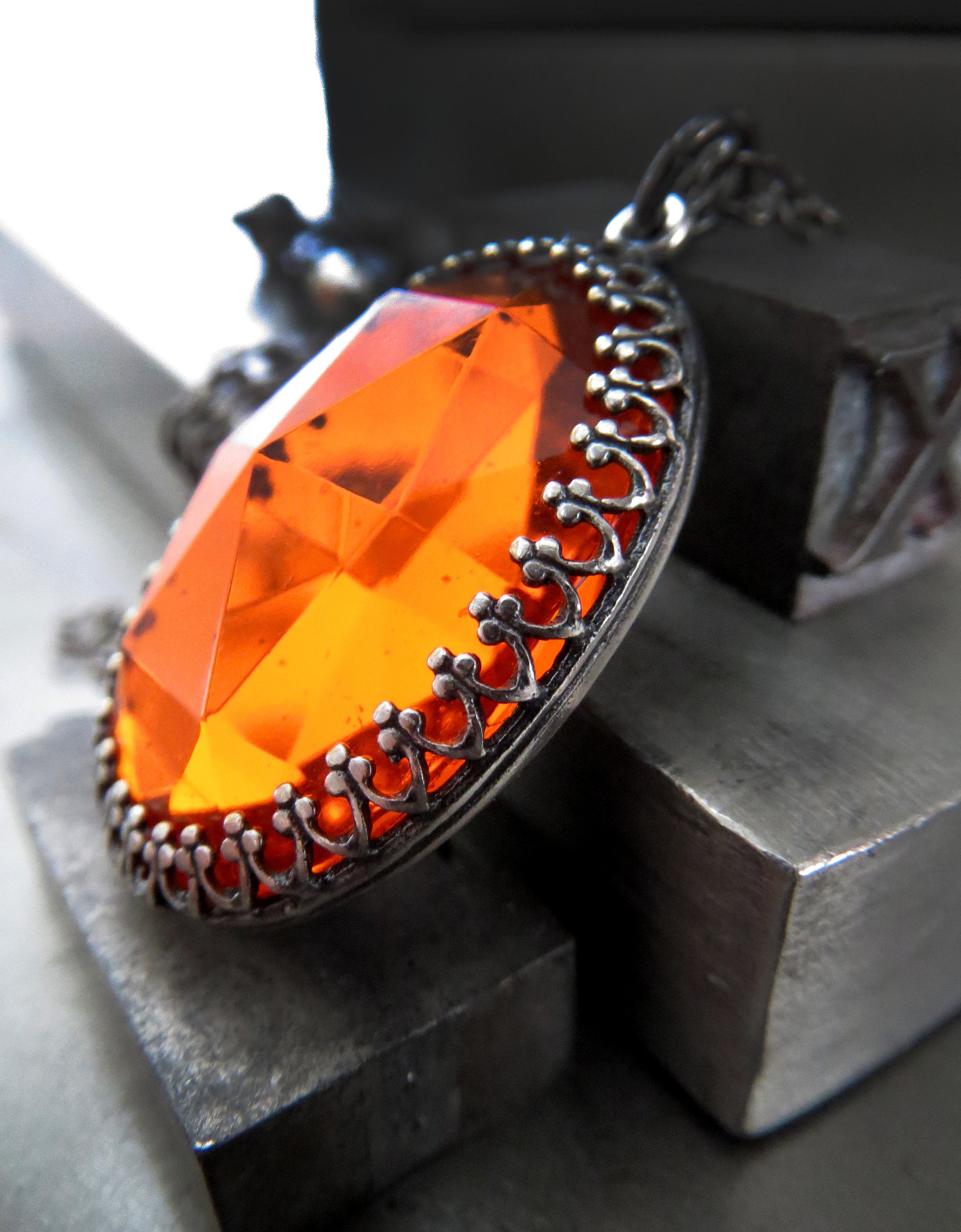 GOTHIC HALLOWEEN - Oval Pendant Necklace with Vintage Pumpkin Orange Glass Cabochon on Black Chain - Goth Wedding, Halloween Wedding Jewelry