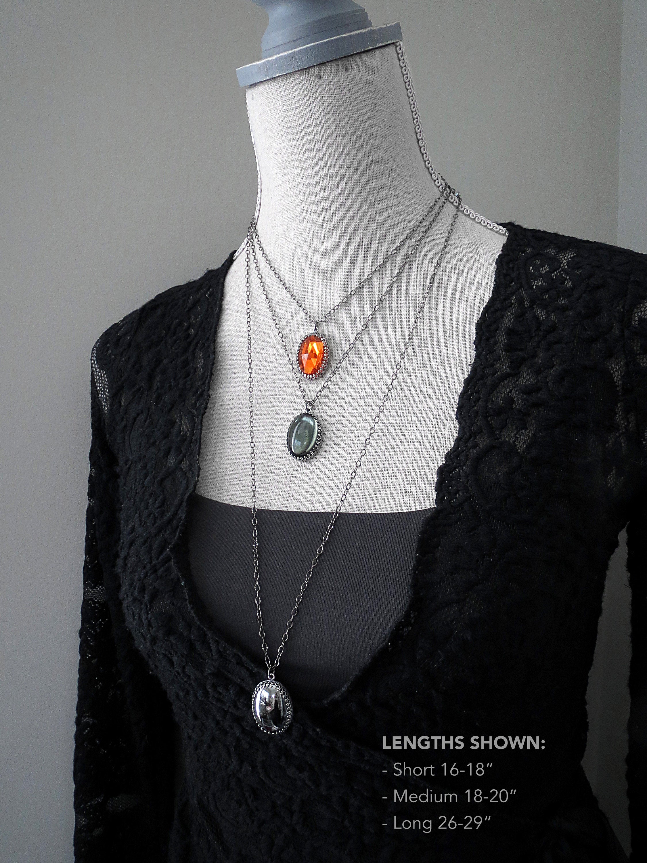 GOTHIC HALLOWEEN - Oval Pendant Necklace with Vintage Pumpkin Orange Glass Cabochon on Black Chain - Goth Wedding, Halloween Wedding Jewelry
