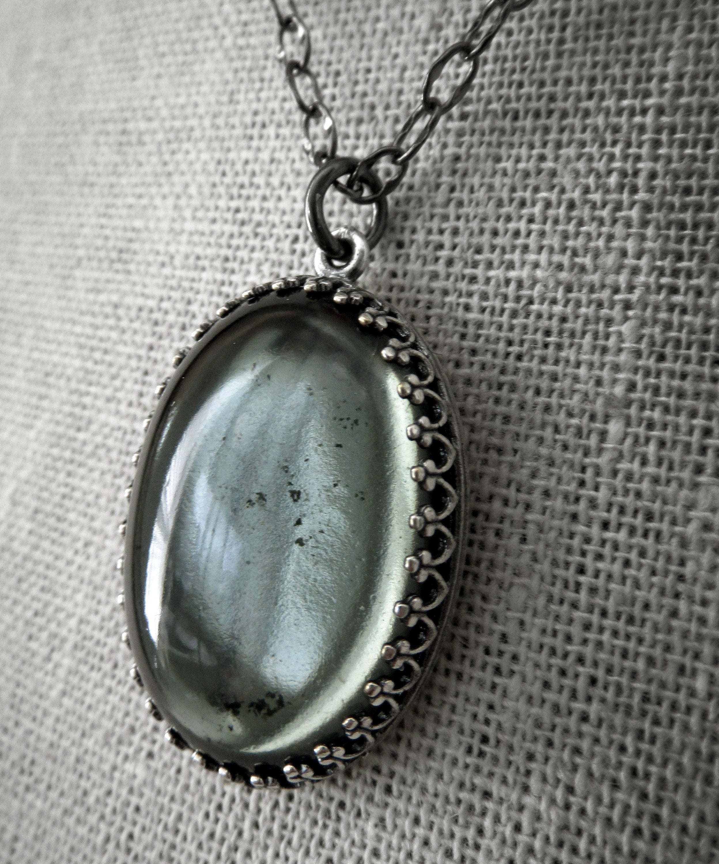 MOOD - Gray Gothic Necklace with Oval Pendant - Domed Soft Grey Glass Cabochon on Black Chain - Goth Wedding Jewelry