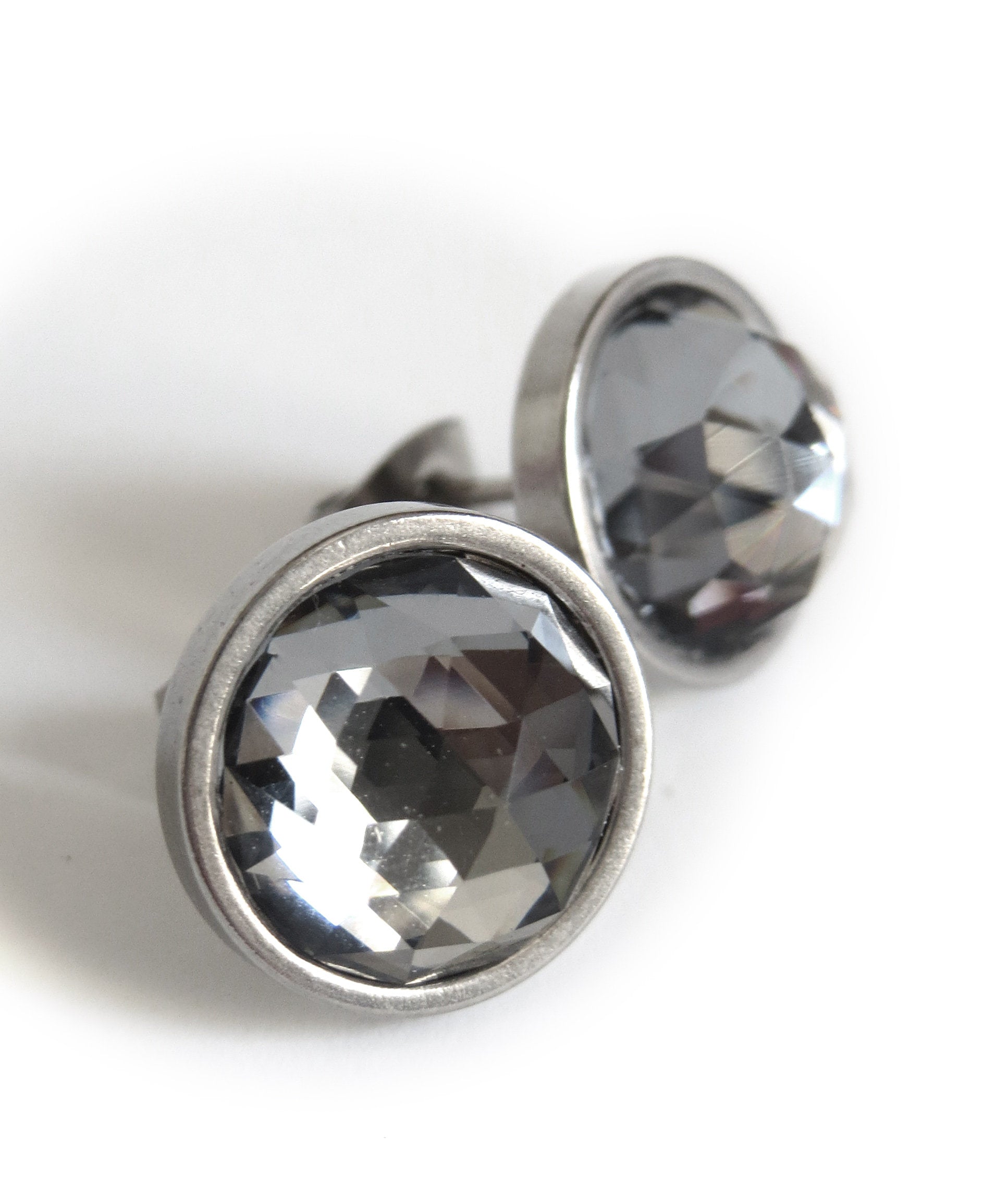 Extra Large Modern Stud Earrings with Round Black Night Faceted Swarovski Crystal, Stainless Steel Bezels, Unisex Women Mens Post Earrings
