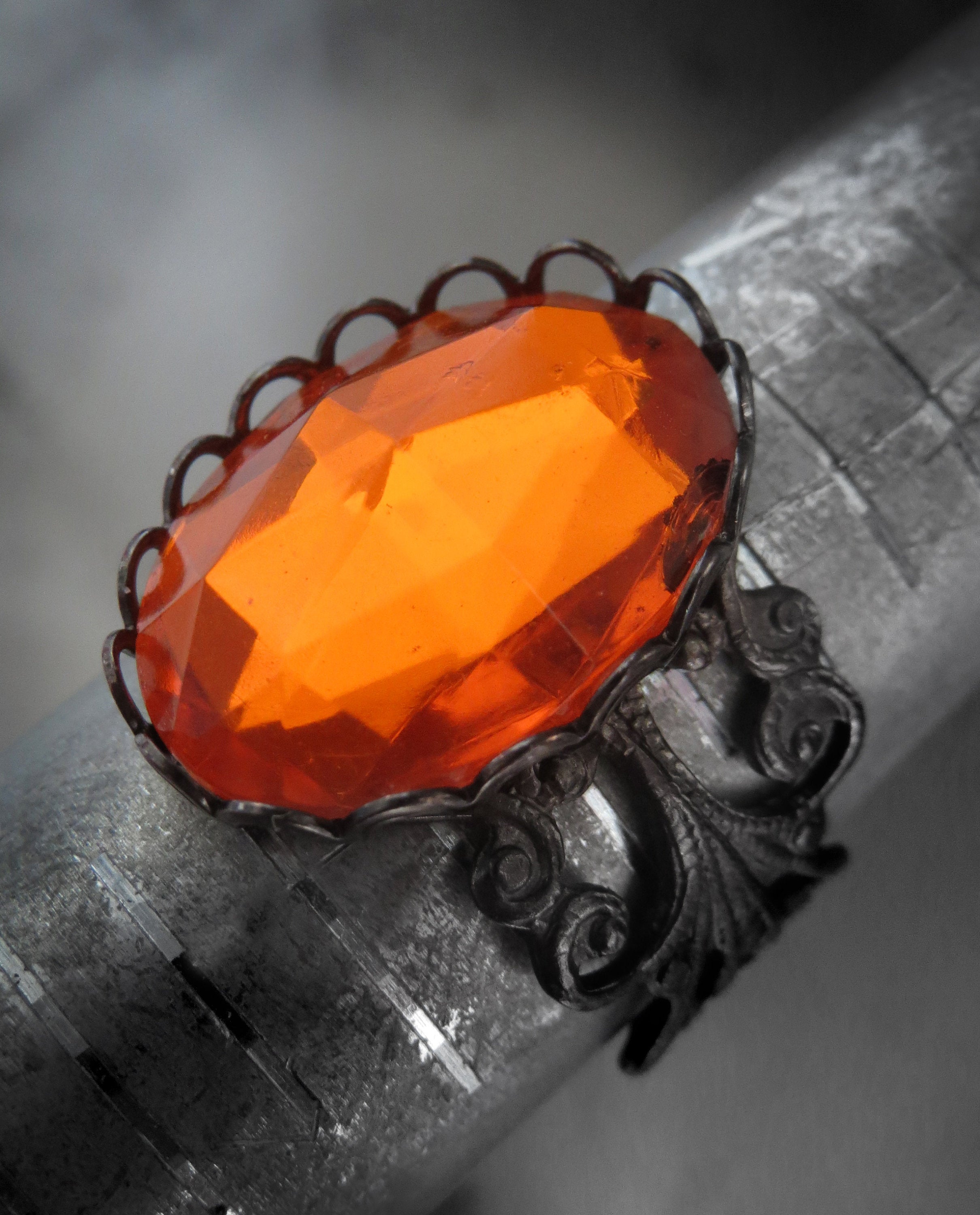 Bright Orange Halloween Pumpkin Ring, Black Gunmetal Filigree Adjustable Ring, Faceted Orange Vintage Glass, Goth Gothic Halloween Jewelry