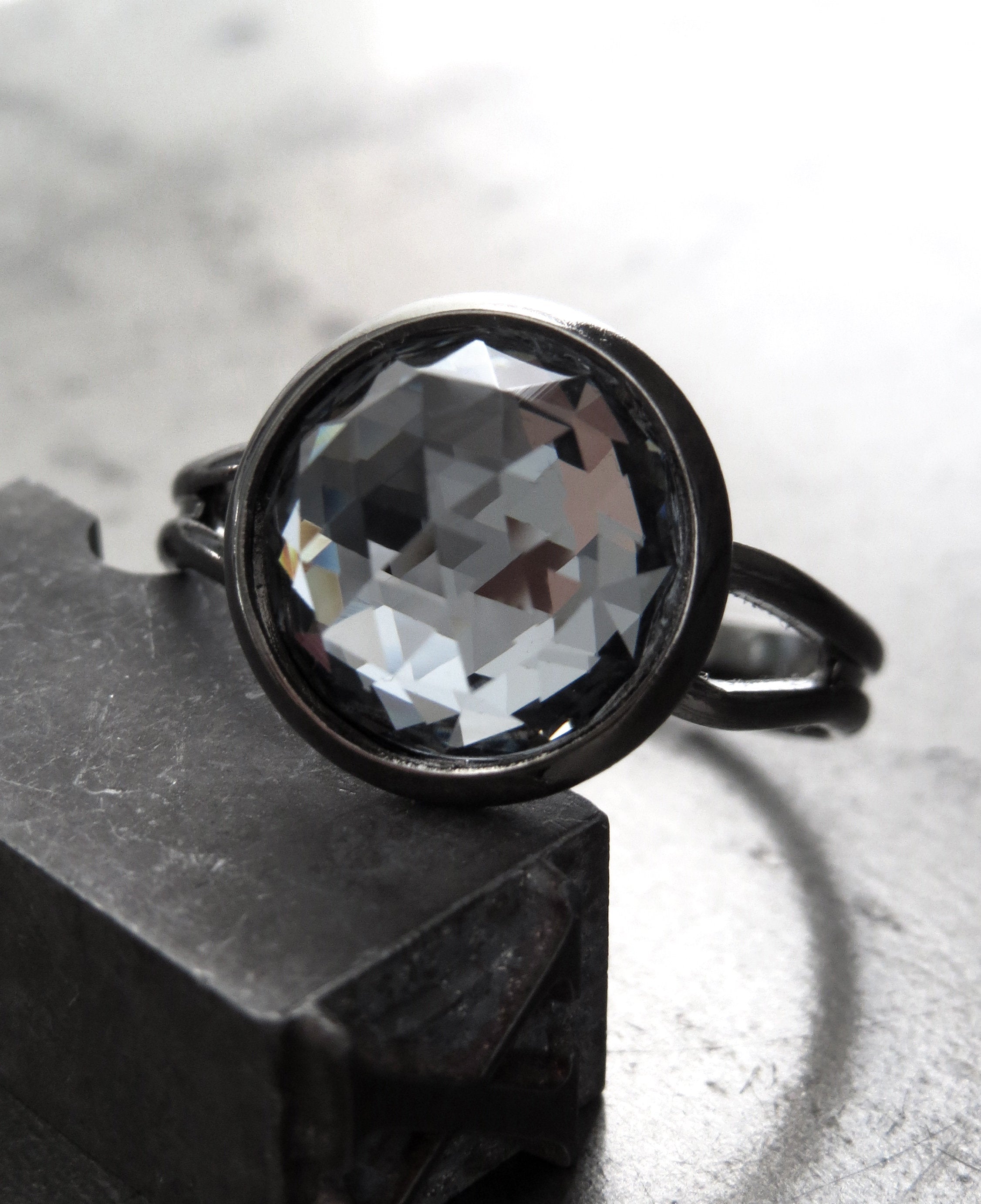 HUSH - Black Night Crystal Ring with Swarovski Crystal, Rare Round Dome Crystal with Black Gunmetal Adjustable Band, Womens Modern Jewelry