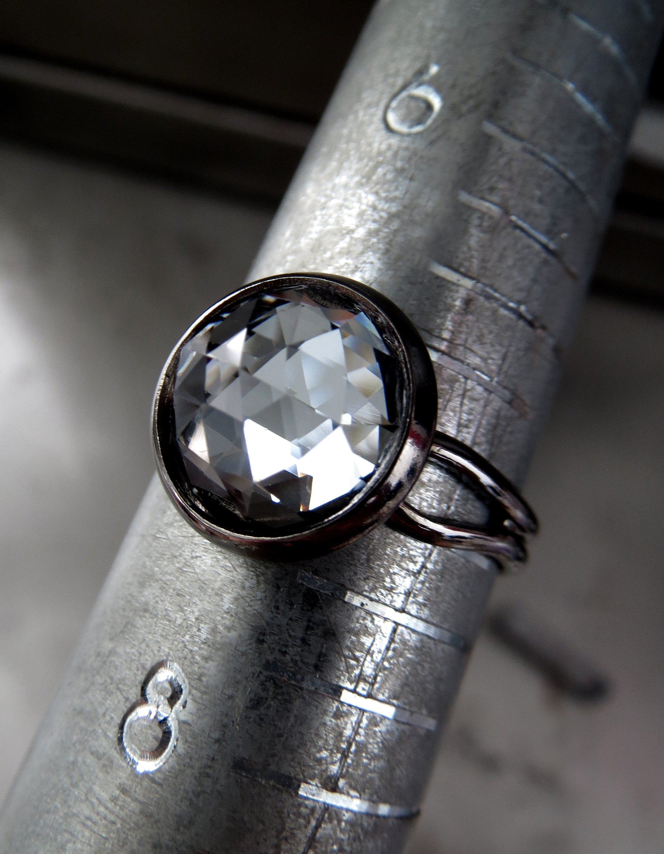 HUSH - Black Night Crystal Ring with Swarovski Crystal, Rare Round Dome Crystal with Black Gunmetal Adjustable Band, Womens Modern Jewelry
