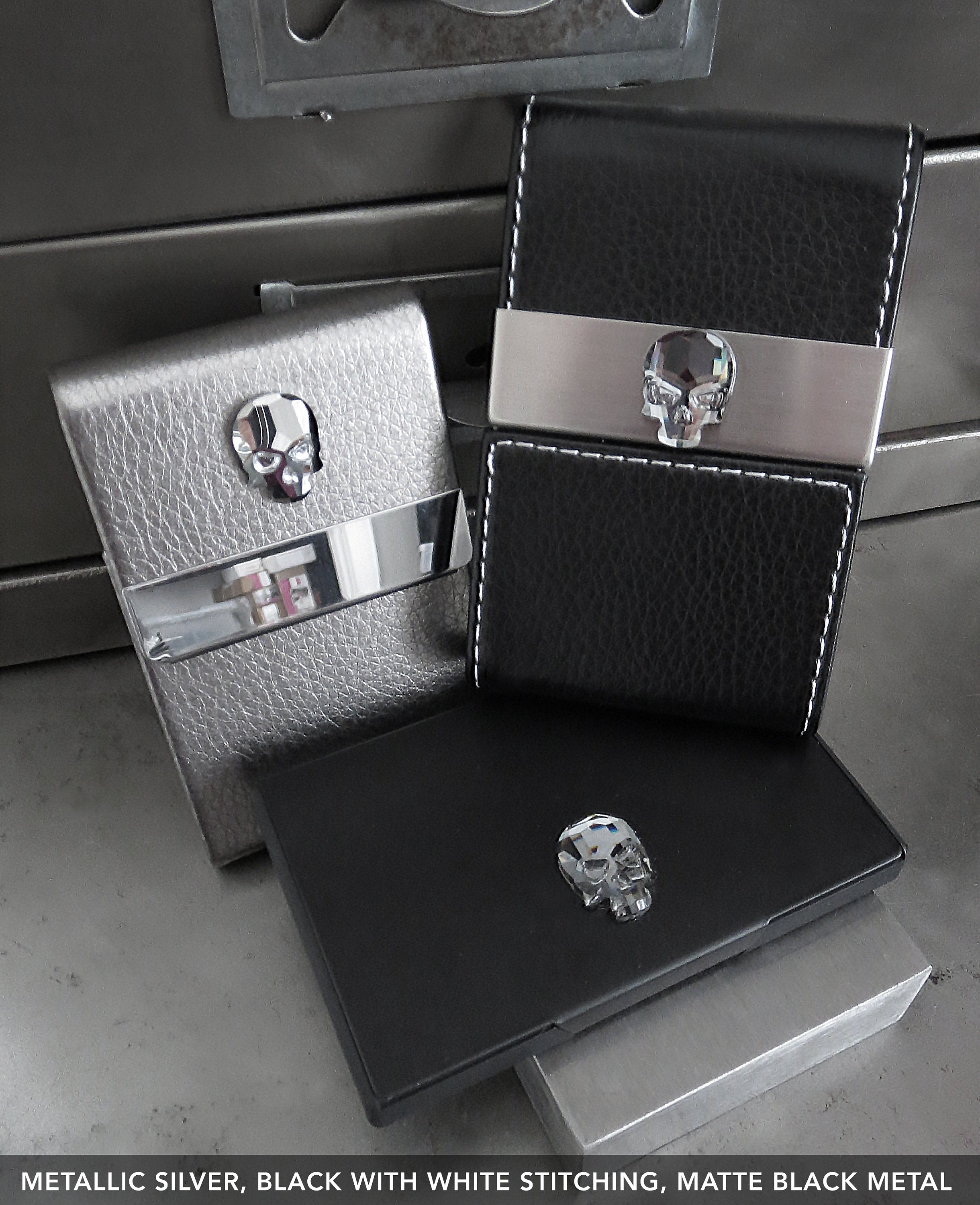 Crystal Skull Business Card Holder Case - Metallic Silver Vegan Faux Leather Card Case - Unisex Slim Wallet for Money, ID Card, Credit Cards