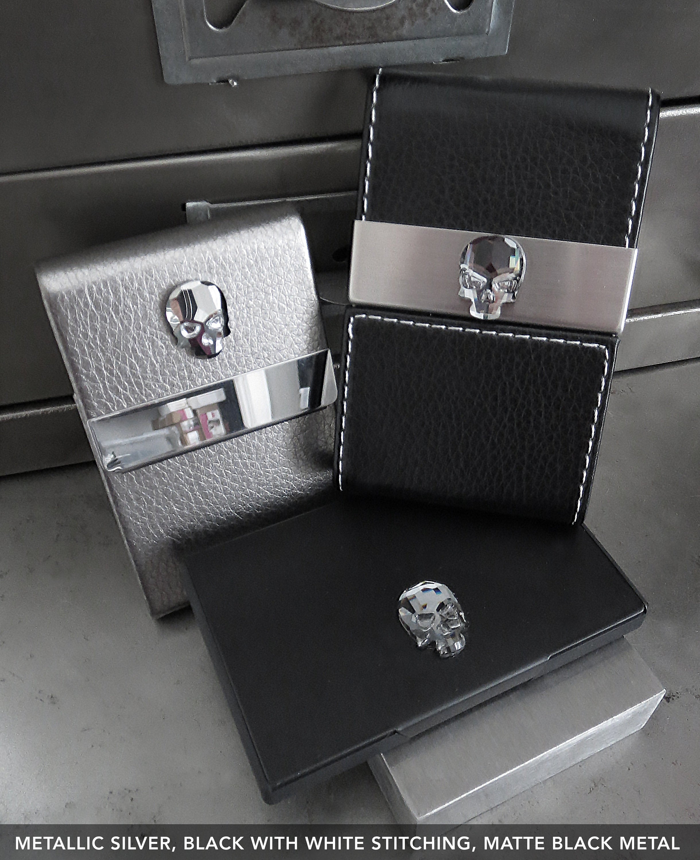 Crystal Skull Business Card Holder - Matte Black Metal Card Case, Slim Wallet for Money, ID, Credit Cards - Unisex Minimalist Modern Design