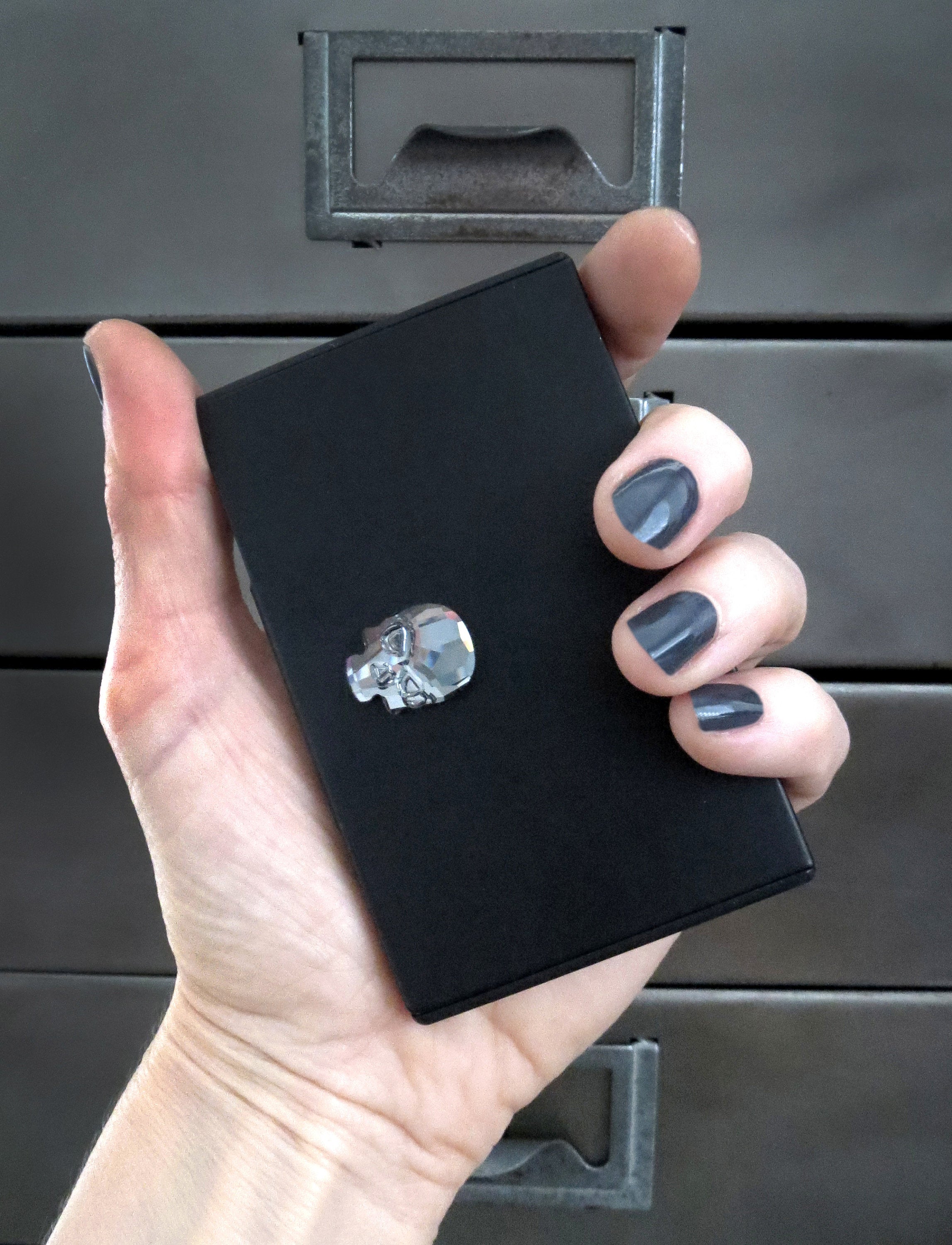 Crystal Skull Business Card Holder - Matte Black Metal Card Case, Slim Wallet for Money, ID, Credit Cards - Unisex Minimalist Modern Design