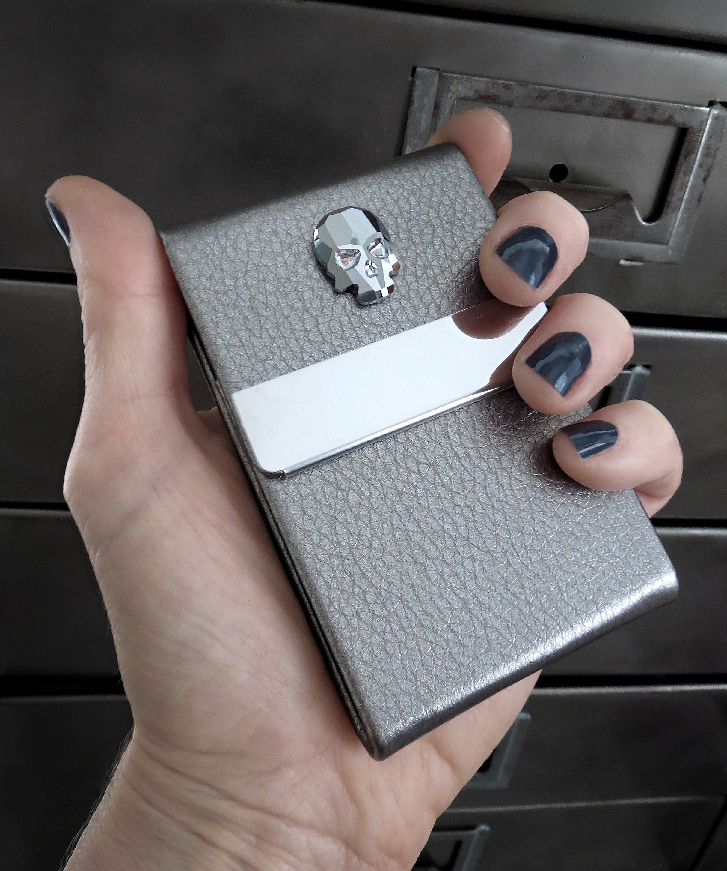 Crystal Skull Business Card Holder Case - Metallic Silver Vegan Faux Leather Card Case - Unisex Slim Wallet for Money, ID Card, Credit Cards