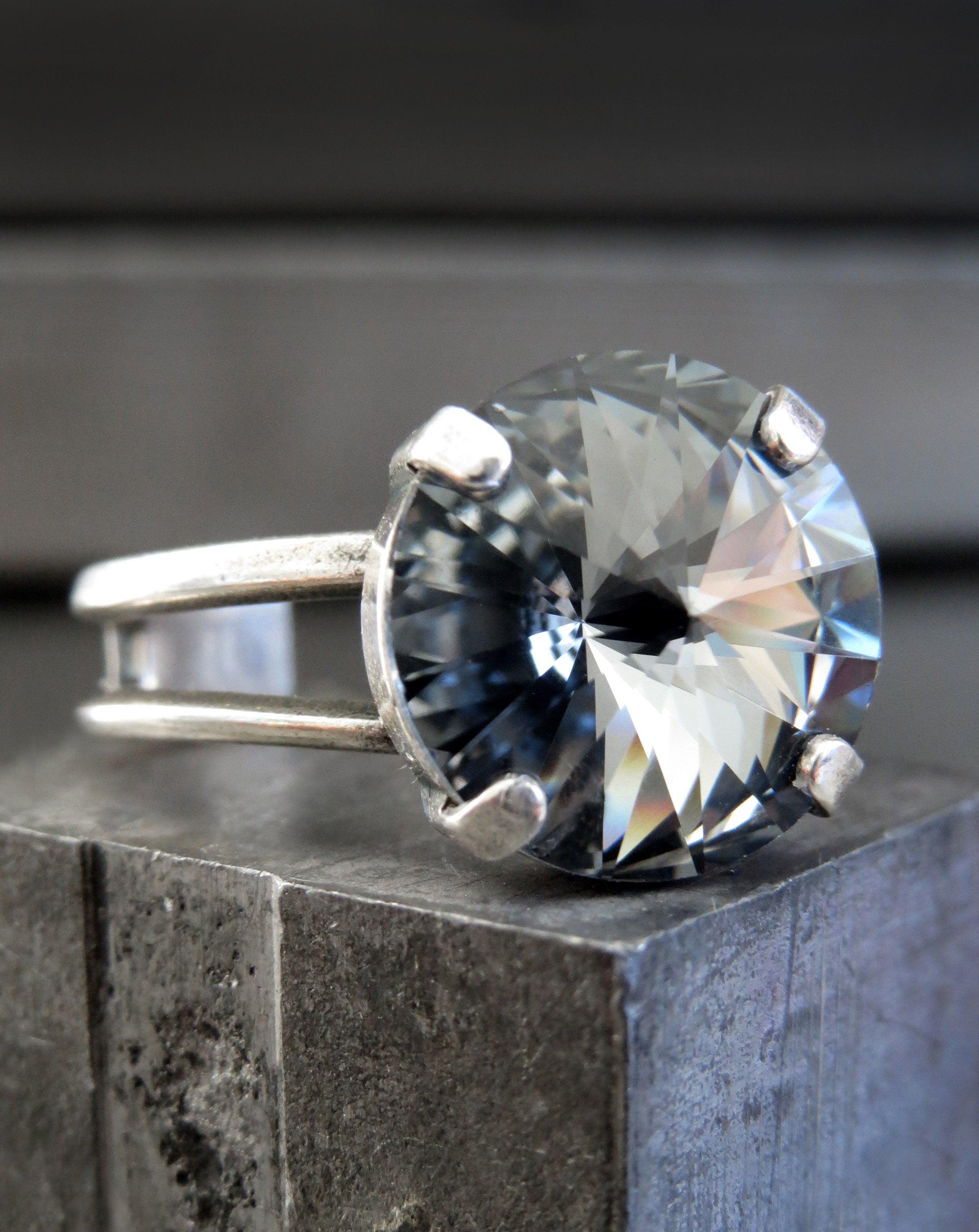 Small Round Swarovski Crystal Ring in Black Night - Dark Charcoal Grey - Antiqued Silver Adjustable Ring Band - Modern Minimalist Jewelry