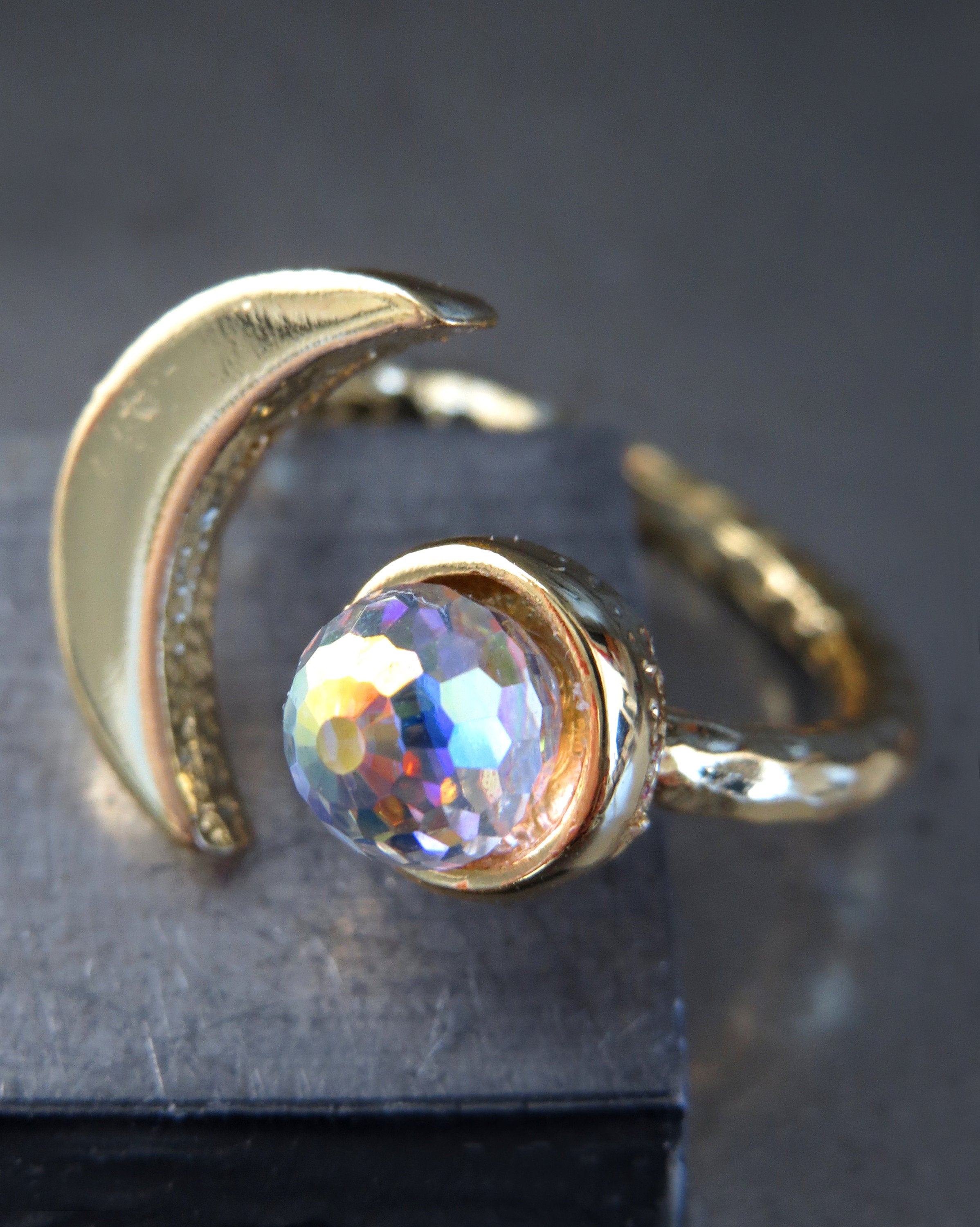 CELESTIAL - Gold Cresent Moon Ring with Vintage Swarovski Crystal with AB Iridescent Finish - Romantic Gift for Teen Girl, Teenager, Women