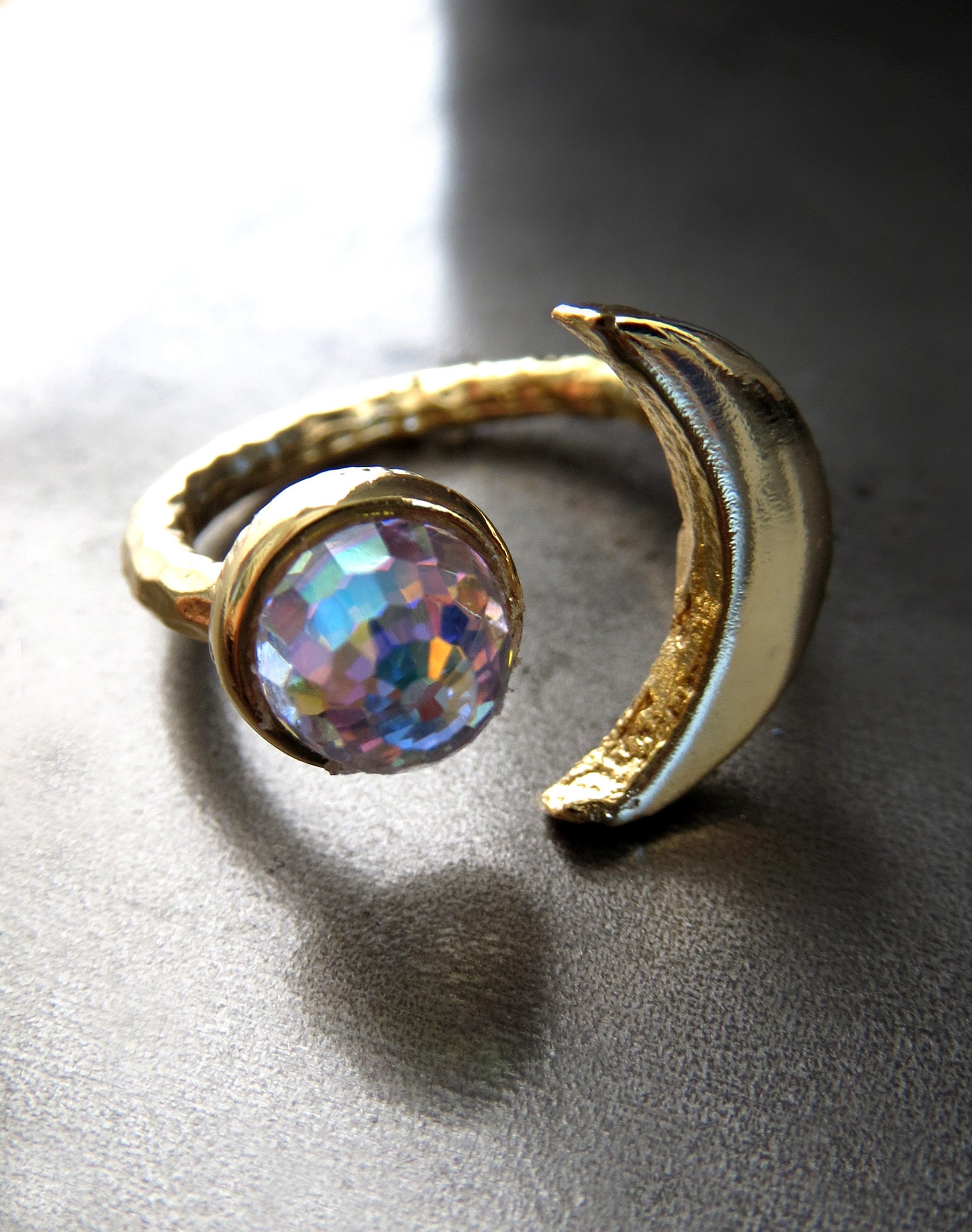 CELESTIAL - Gold Cresent Moon Ring with Vintage Swarovski Crystal with AB Iridescent Finish - Romantic Gift for Teen Girl, Teenager, Women