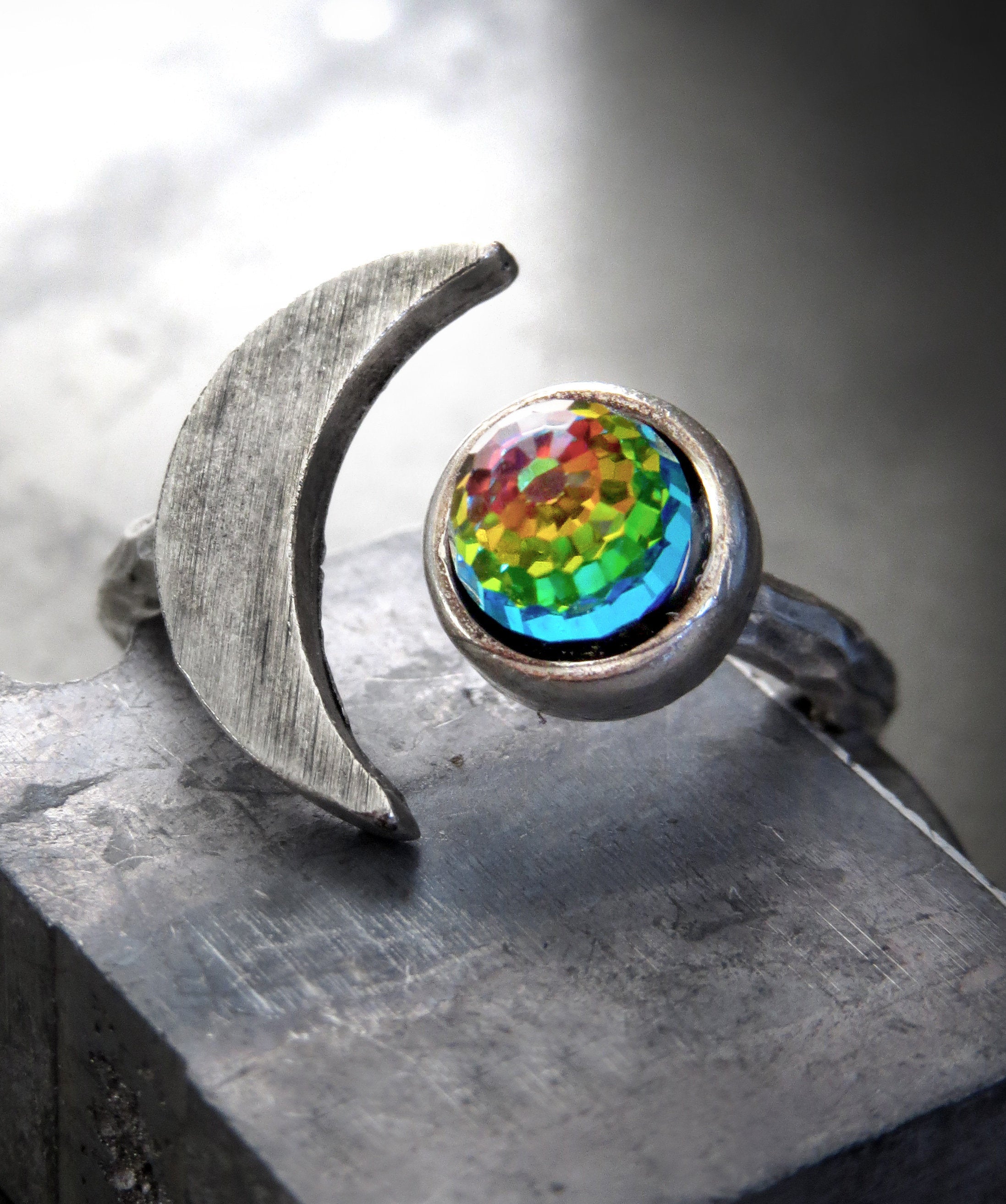 CELESTIAL - Silver Cresent Moon Ring with Vintage Rainbow Swarovski Crystal - Rainbow Jewelry for Teen Girl, Teenager, Women - Moon Jewelry