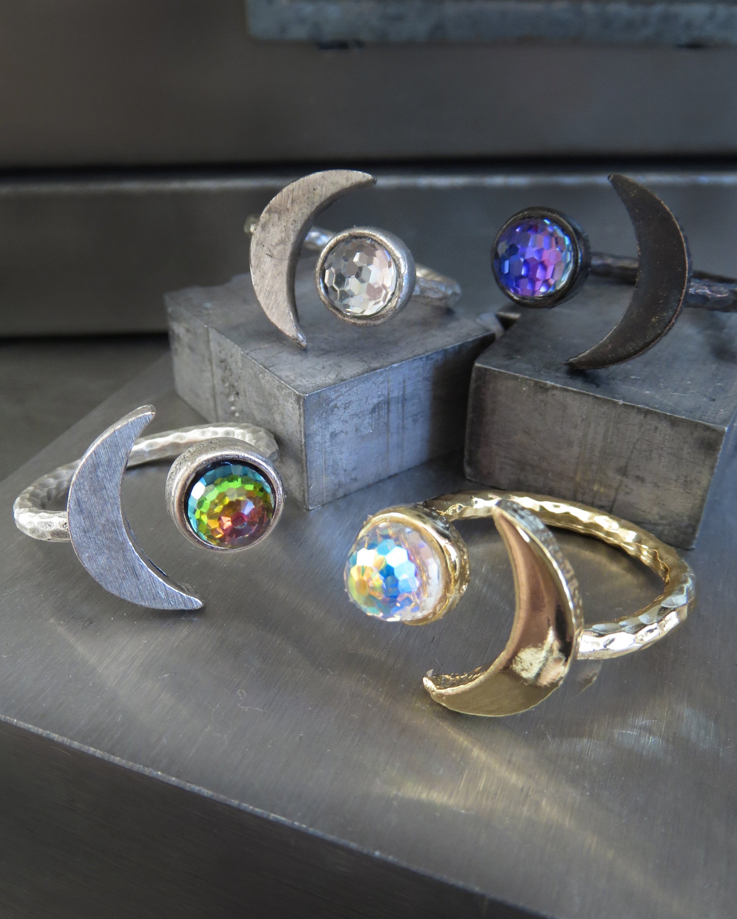 CELESTIAL - Silver Cresent Moon Ring with Vintage Rainbow Swarovski Crystal - Rainbow Jewelry for Teen Girl, Teenager, Women - Moon Jewelry