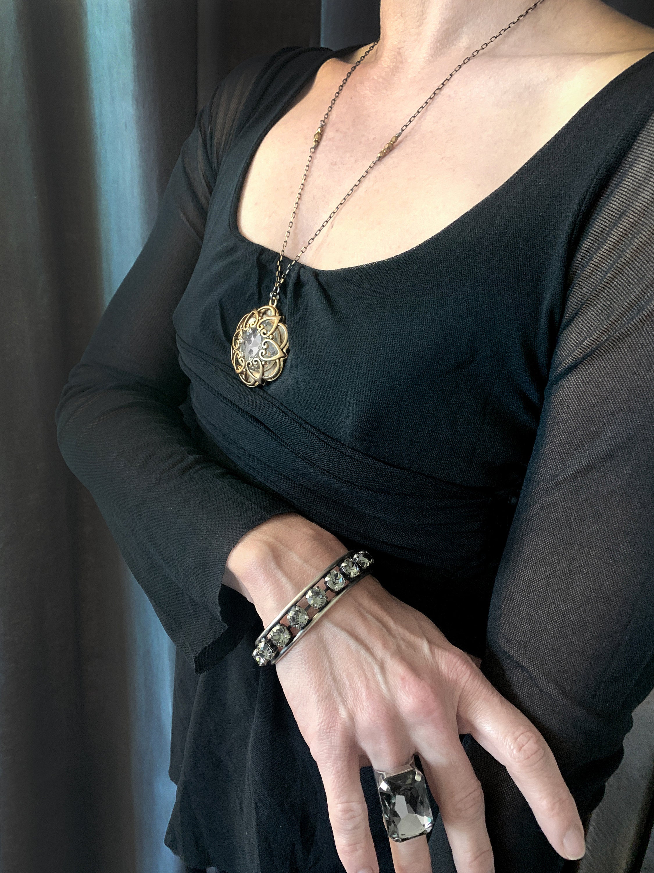 INNER LIGHT - Large Crystal Pendant with Antique Gold Mandala Cage on Black-Gold Chain, Romantic Jewelry for New Years Eve, Valentines Day