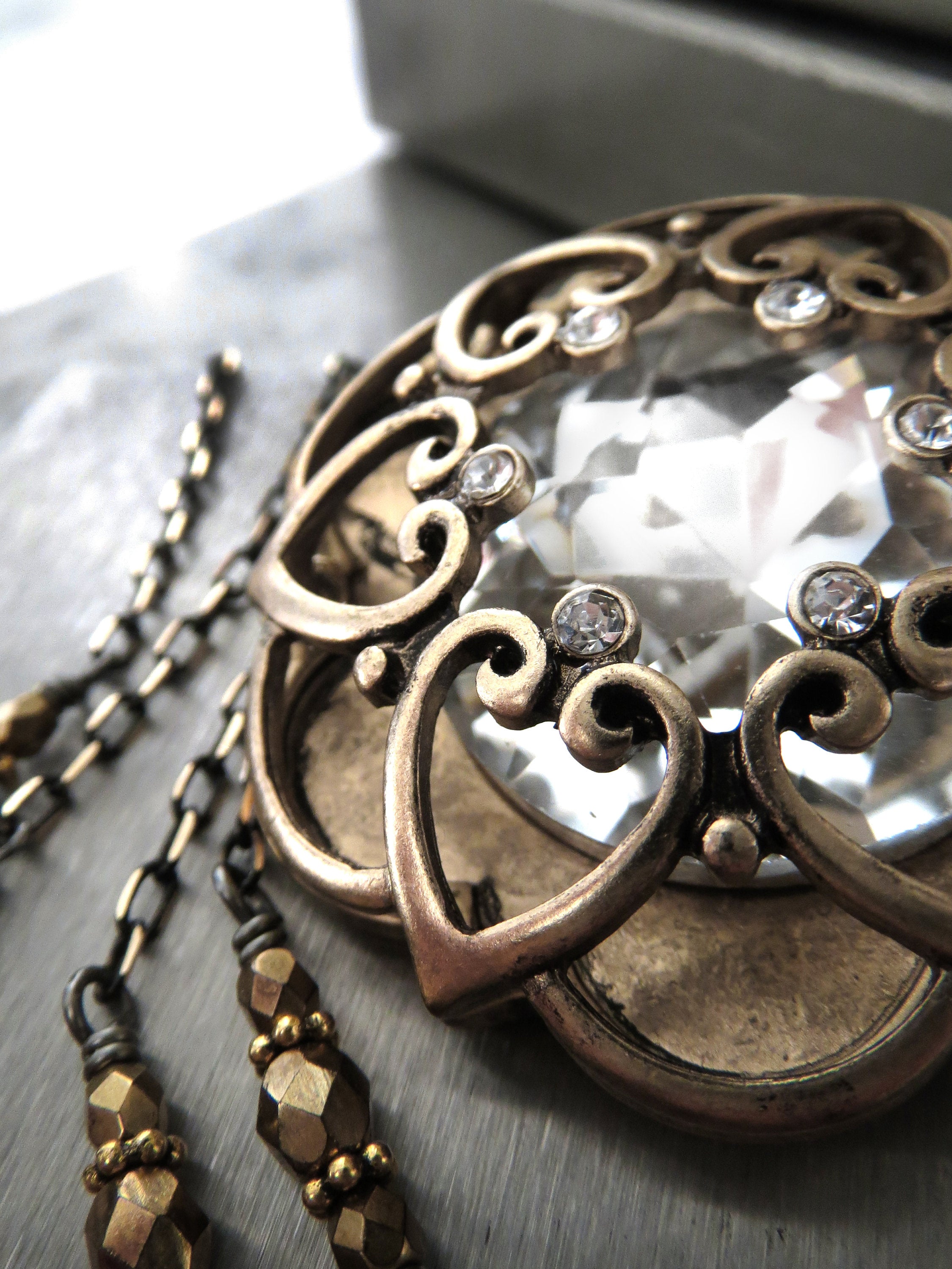 INNER LIGHT - Large Crystal Pendant with Antique Gold Mandala Cage on Black-Gold Chain, Romantic Jewelry for New Years Eve, Valentines Day