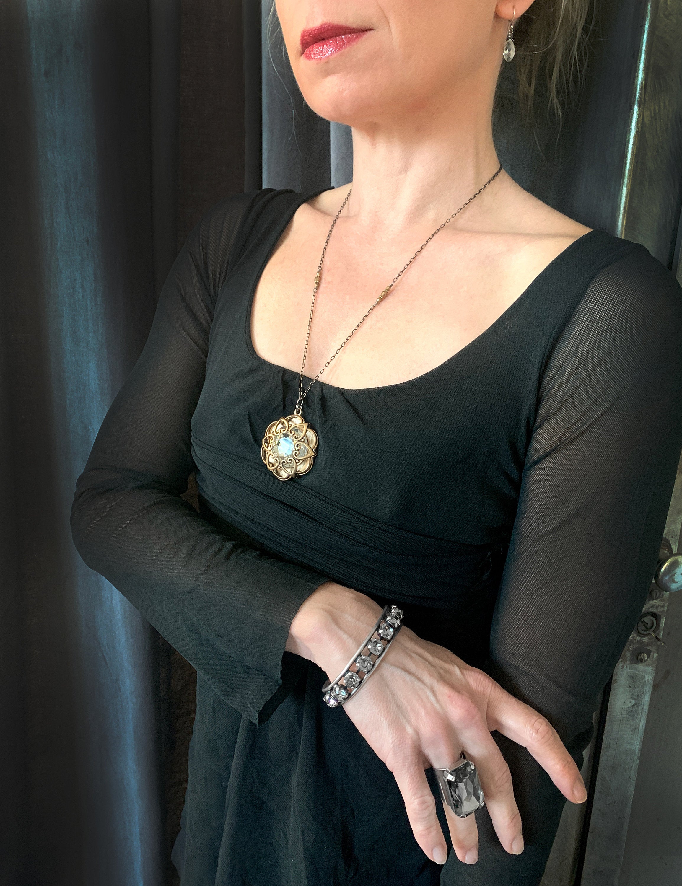 INNER LIGHT - Large Crystal Pendant with Antique Gold Mandala Cage on Black-Gold Chain, Romantic Jewelry for New Years Eve, Valentines Day