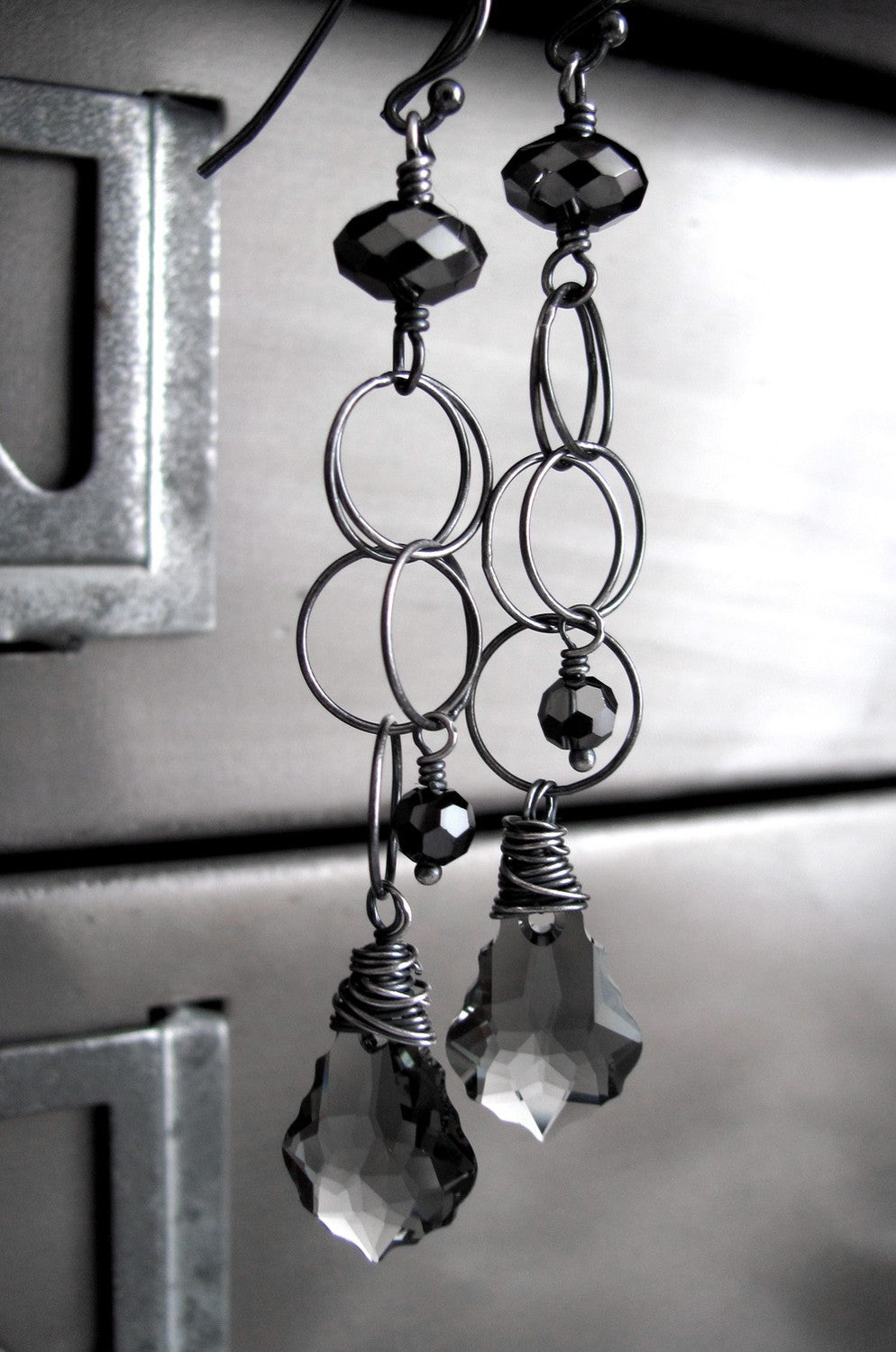 Long Black Diamond Crystal Earrings with Oxidized Chain