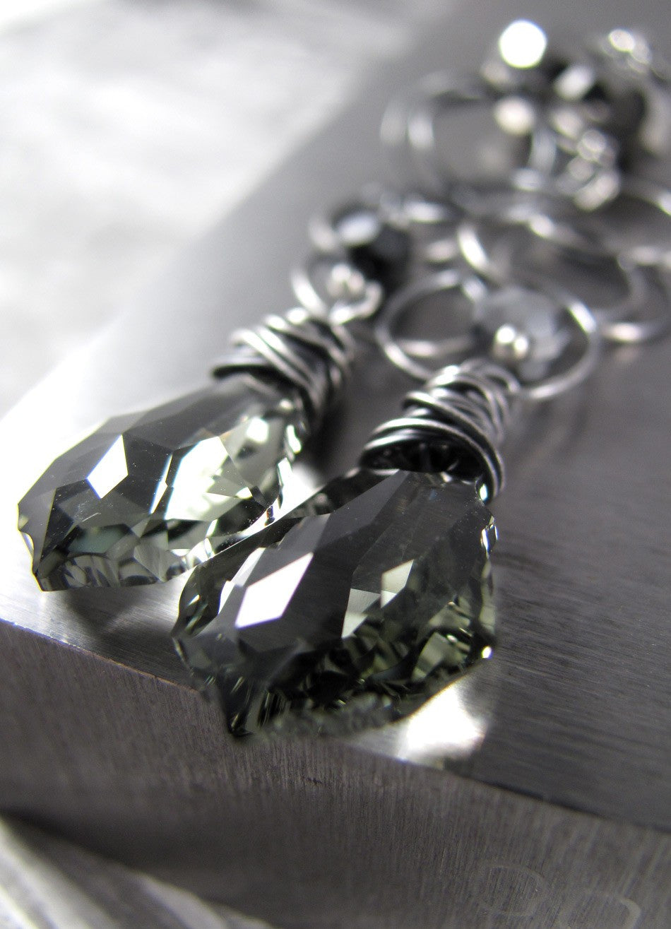 Long Black Diamond Crystal Earrings with Oxidized Chain