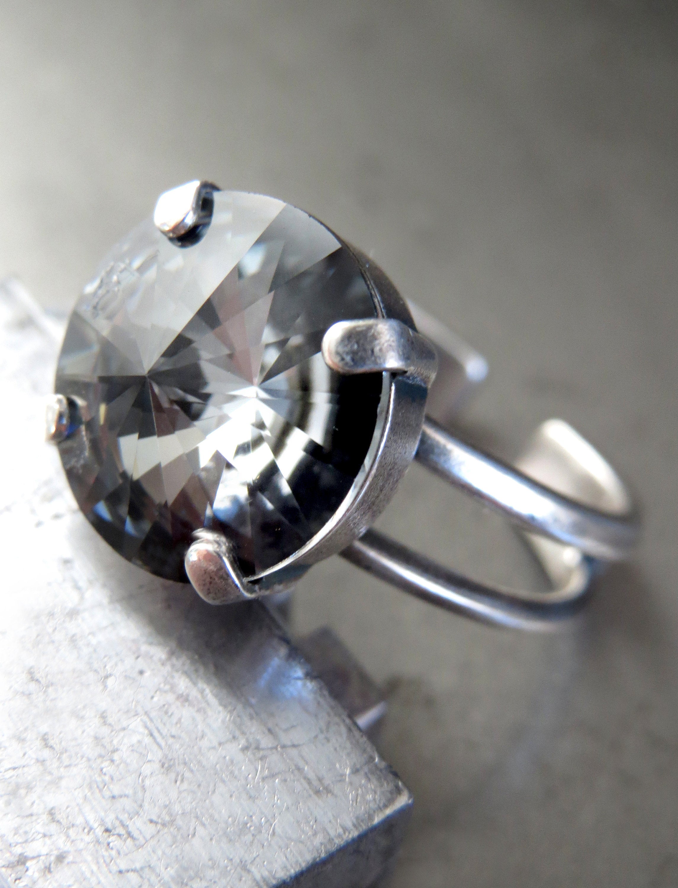 Small Round Swarovski Crystal Ring in Black Night - Dark Charcoal Grey - Antiqued Silver Adjustable Ring Band - Modern Minimalist Jewelry