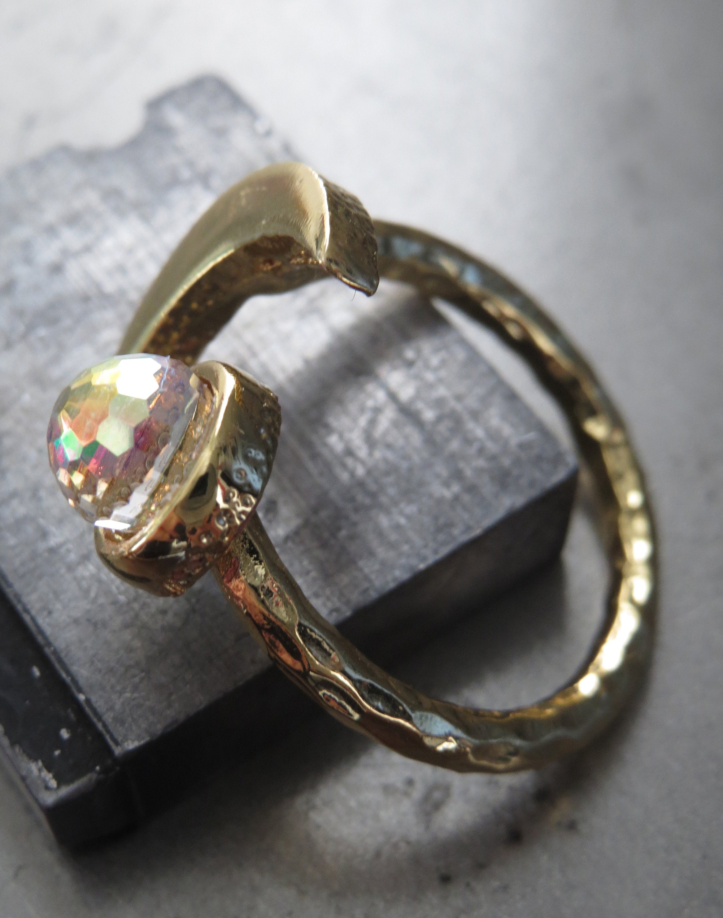 CELESTIAL - Gold Cresent Moon Ring with Vintage Swarovski Crystal with AB Iridescent Finish - Romantic Gift for Teen Girl, Teenager, Women