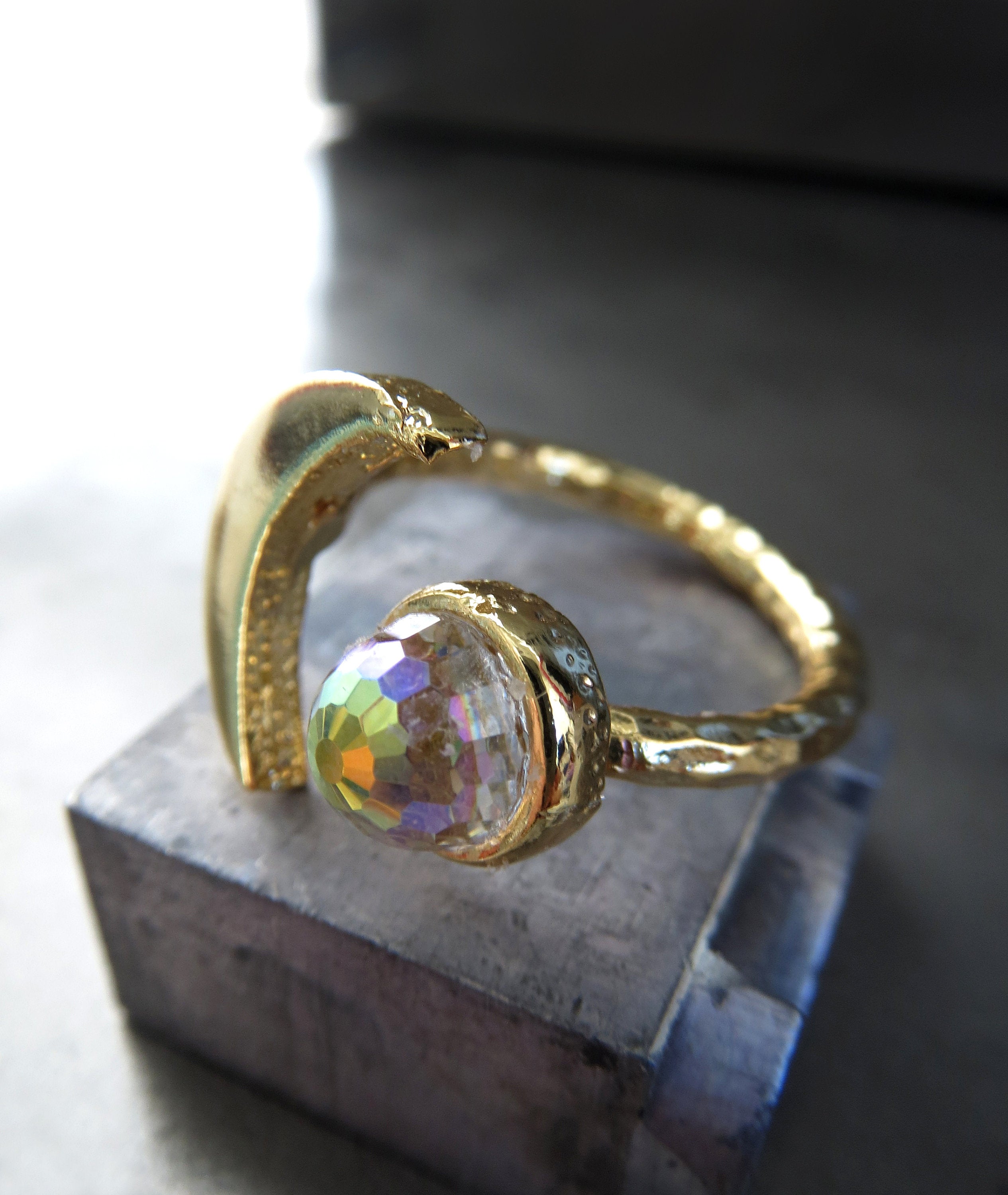 CELESTIAL - Gold Cresent Moon Ring with Vintage Swarovski Crystal with AB Iridescent Finish - Romantic Gift for Teen Girl, Teenager, Women