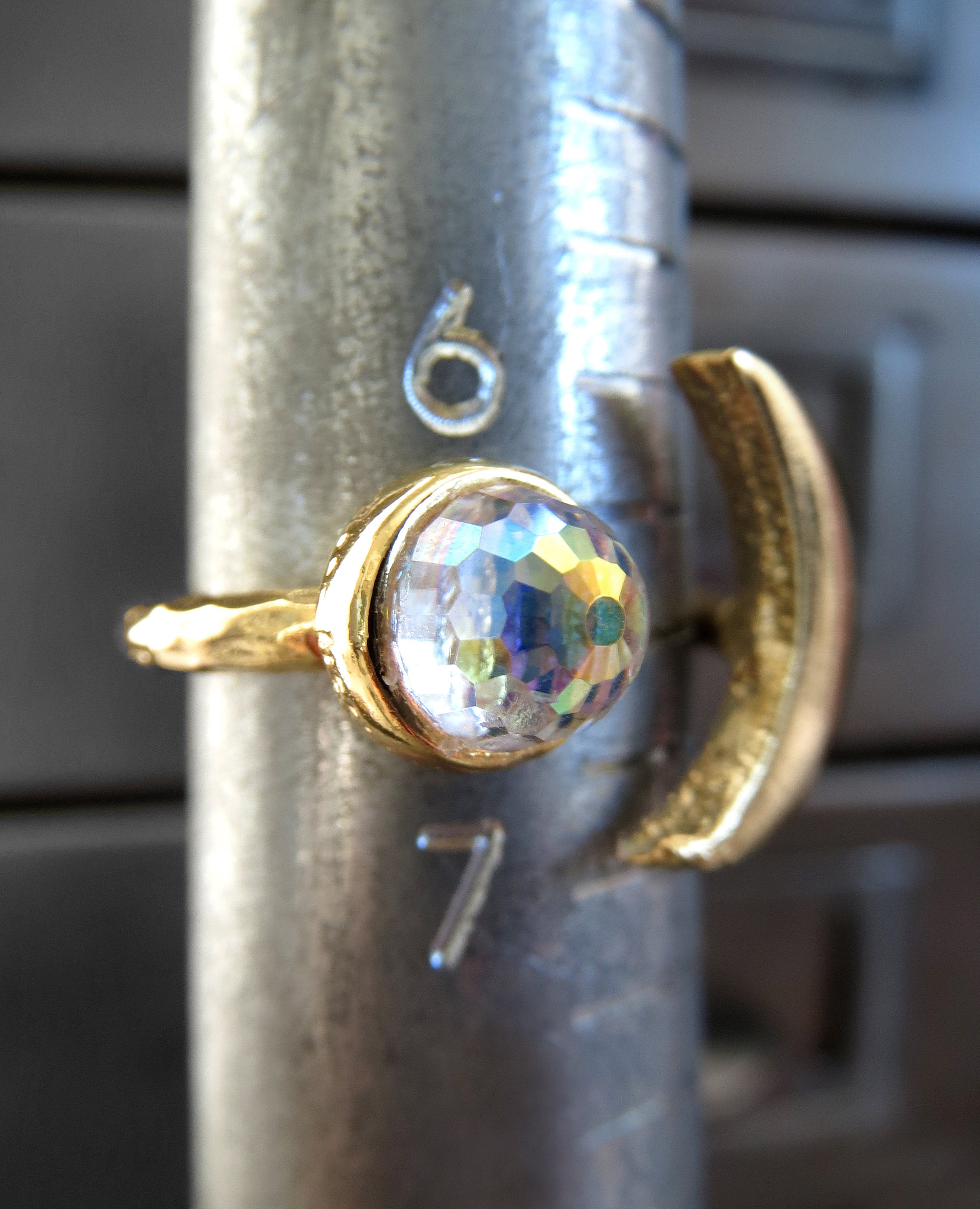 CELESTIAL - Gold Cresent Moon Ring with Vintage Swarovski Crystal with AB Iridescent Finish - Romantic Gift for Teen Girl, Teenager, Women